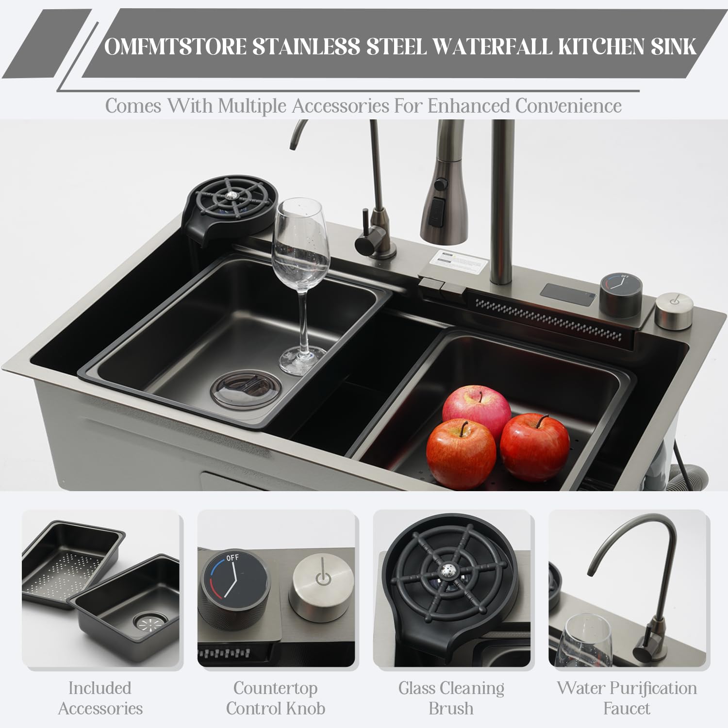 Lavello da Cucina, 85 x 50 cm, in Acciaio Inox con Cascata e Display, 1 Vasca, Ampio Piano di Lavoro con Tagliere, sifone, troppopieno e Set di Scarico.
