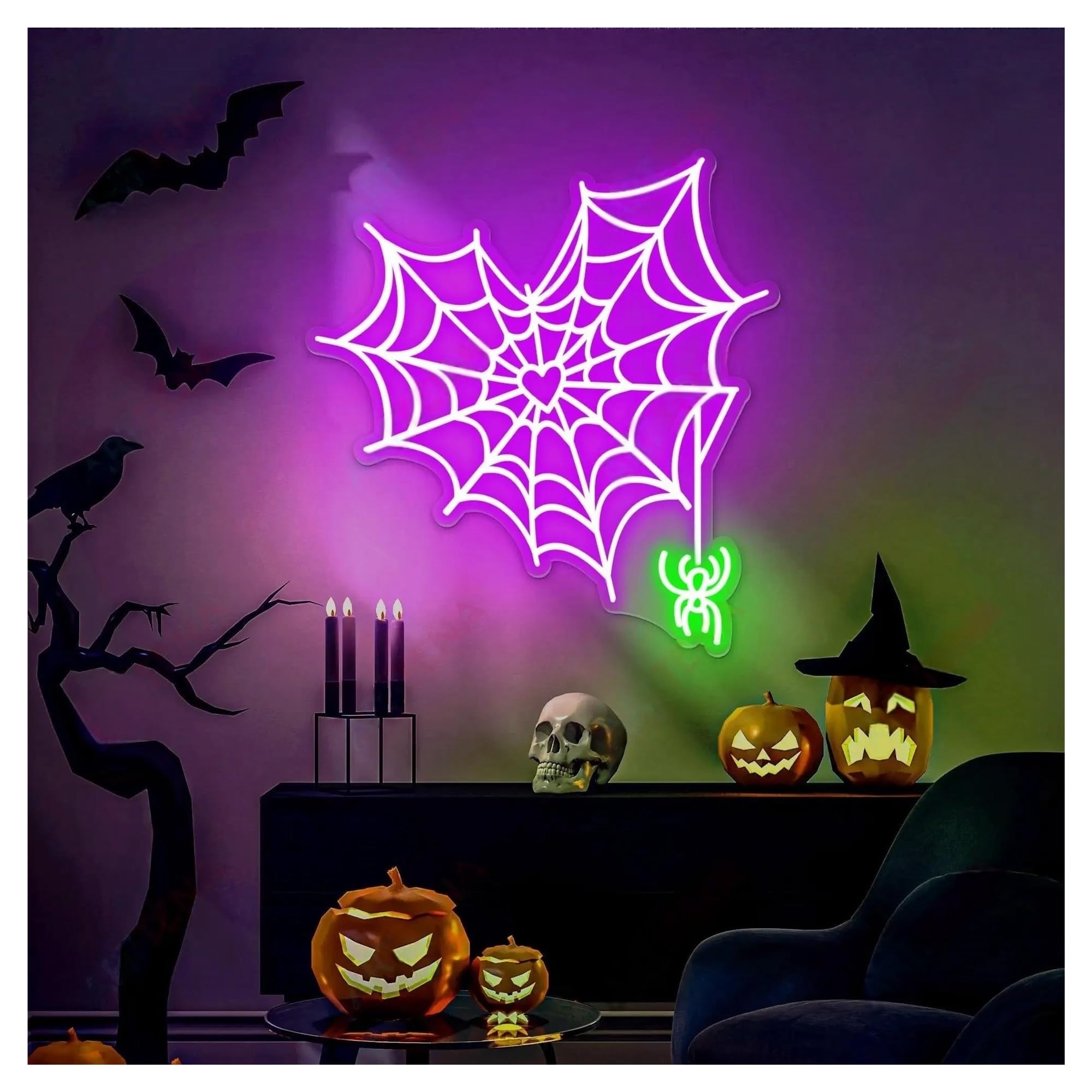 LEMST Signs Lamp Neon Decor Spiderweb Heart Neon Sign Trick Or Treat Sign Spider Cobweb Neon Sign Event Party Home Decor 36cmx40cm(B)