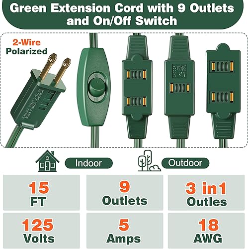 Miniatura 3 de Enhon 1 cable de extensión verde de 15 pies con 9 salidas e interruptor de encendidoapagado, cable de extensión de luz para árbol de Navidad con