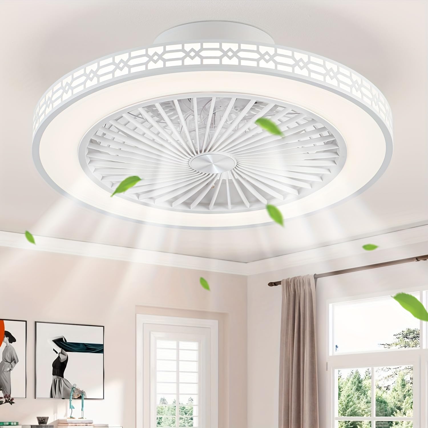 Ventilateur Plafond 48cm Ultrafin Moderne 3 Couleurs Réglables 6 Vitesses Réversible avec Minuterie et Mémoire Silencieux Blanc