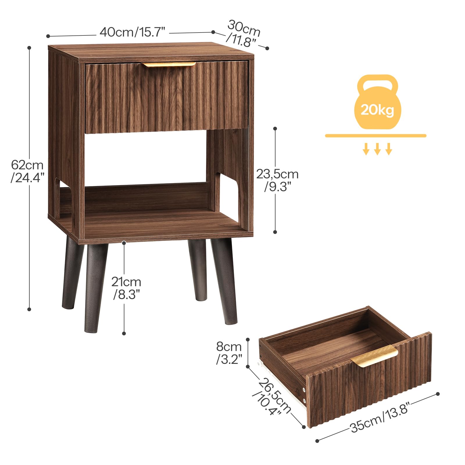 HOOBRO Comodino con Frontale Scanalato, Gambe in Plastica, con Cassetto e Ripiano Aperto, Tavolino per Camera da Letto o Soggiorno, Marrone Noce EWL236BZ01