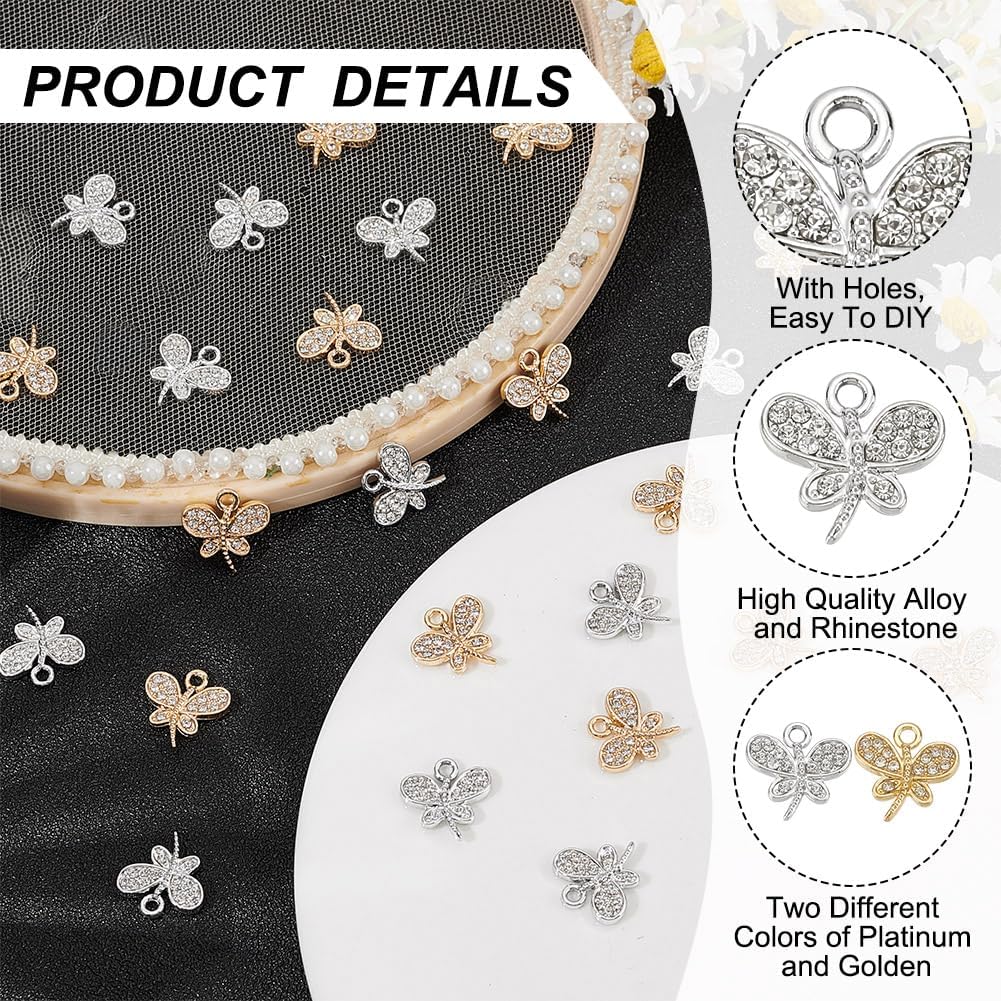 48Pcs Rhinestone Butterfly Dangle Charms Gold Silver Tiny Butterfly Charms Alloy Insect Pendant Jewelry Findings Accessory for DIY Bracelets Earring Necklace Making,Hole:1.8mm - Image 5