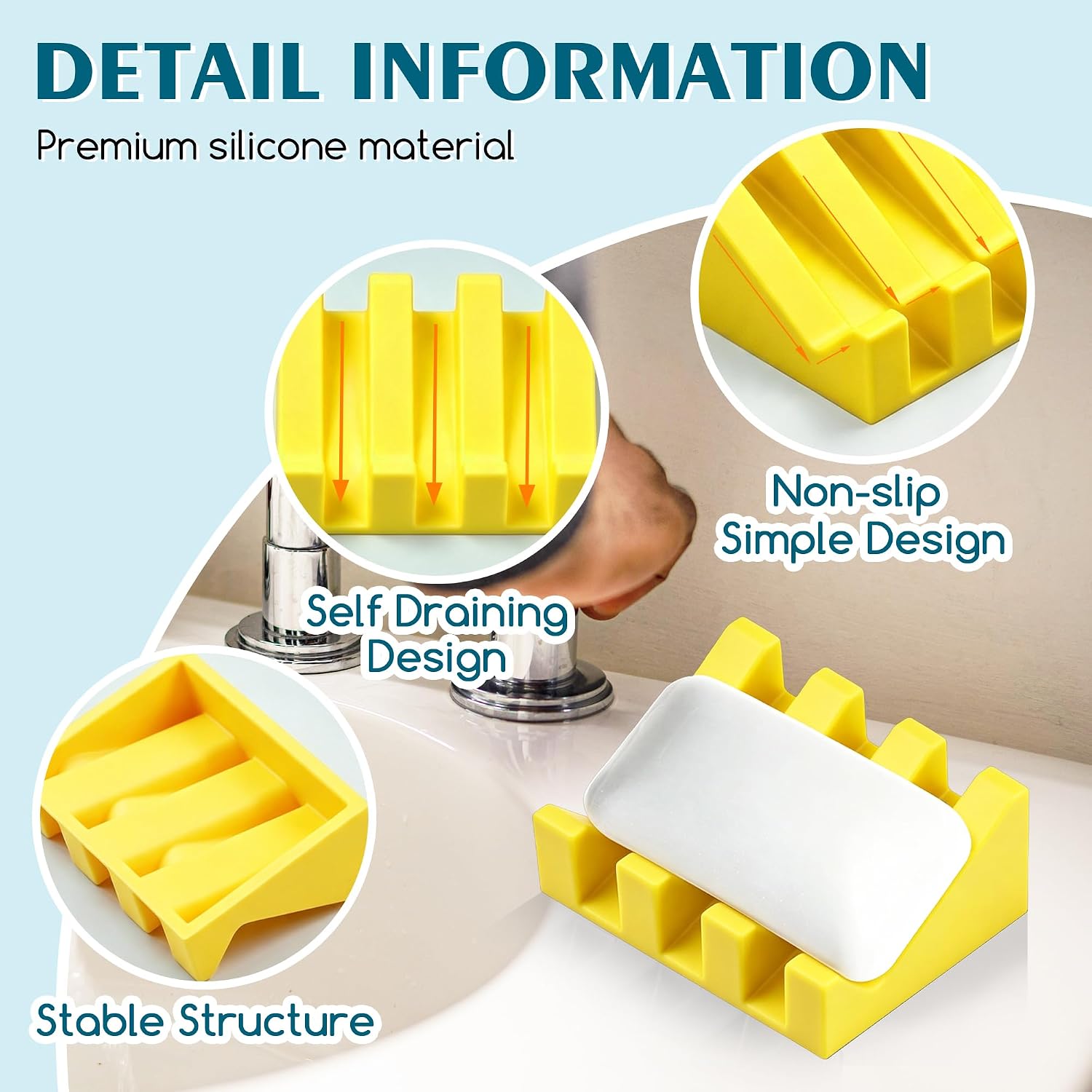 Self Draining Silicone Soap Dish Holder Waterfall Tray, 1 Pack Yellow image 3