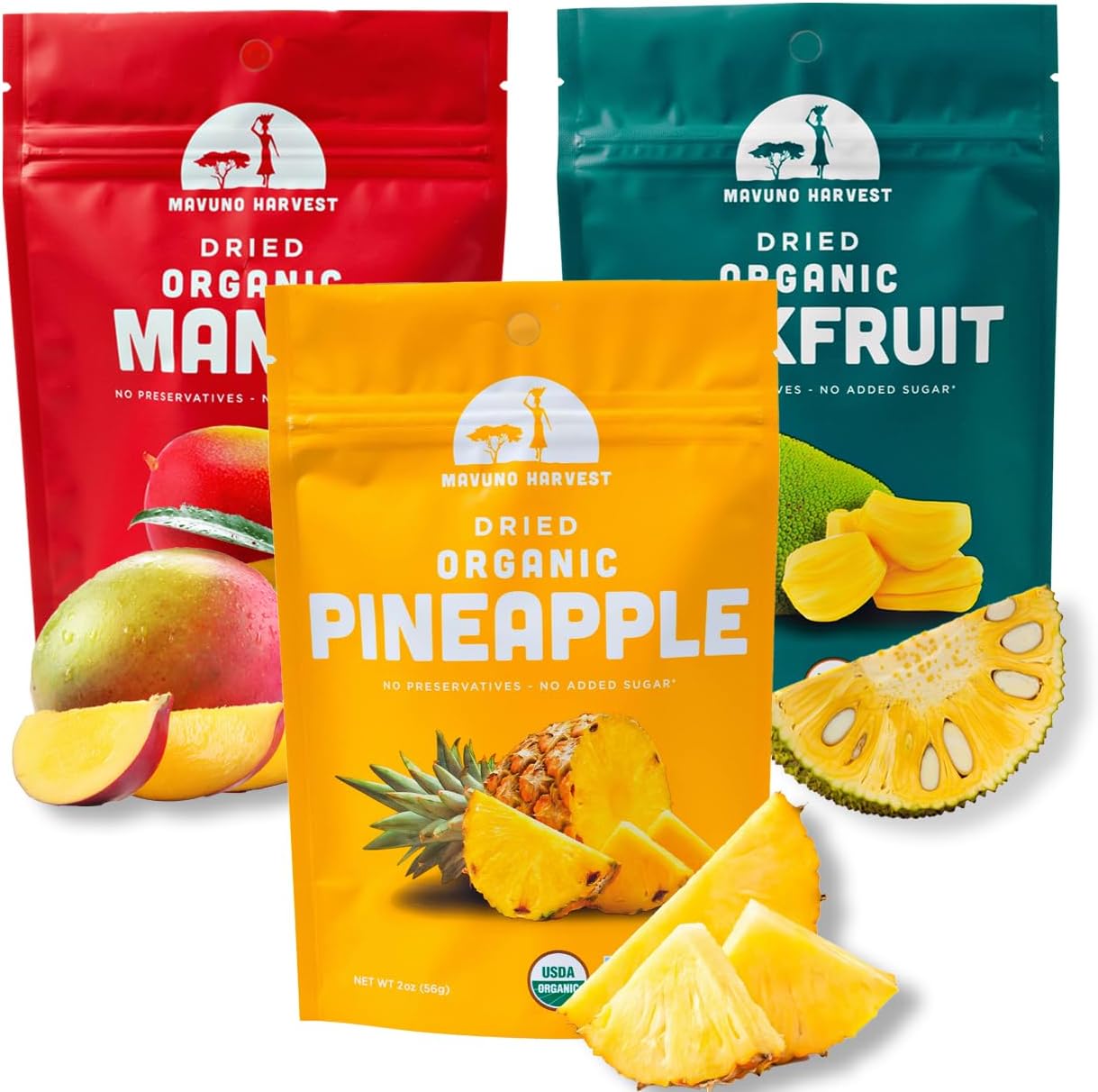 Mavuno Harvest Organic Dried Fruit Variety Pack | Dried Mango, Pineapple, and Jackfruit | Healthy, Vegan, No Sugar Added, Non GMO Snacks for Kids & Adults | 2 Ounce, Pack of 3