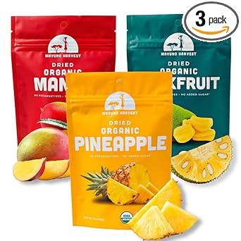 Mavuno Harvest Organic Dried Fruit Variety Pack | Dried Mango, Pineapple, and Jackfruit | Healthy, Vegan, No Sugar Added, Non GMO Snacks for Kids & Adults | 2 Ounce, Pack of 3