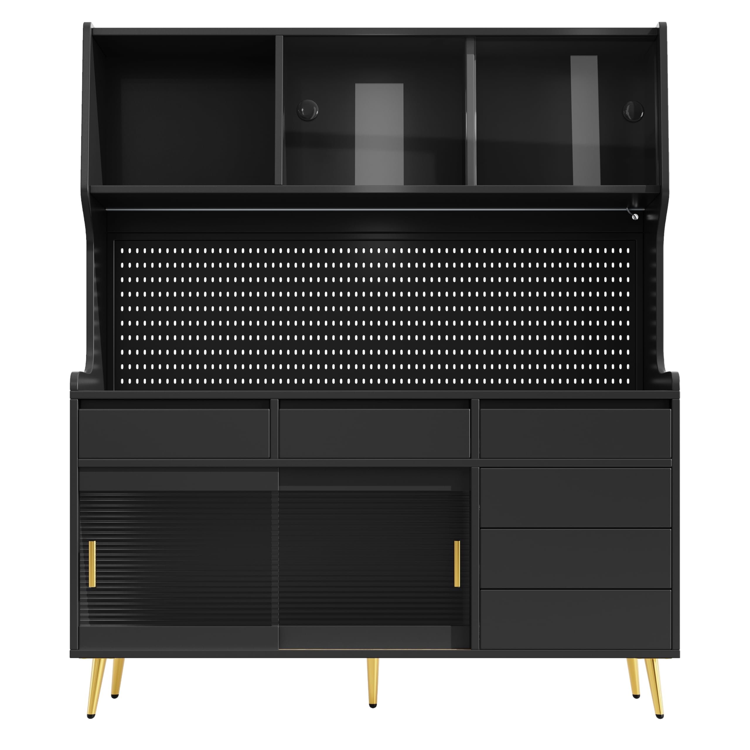 Hochschrank mit LED Beleuchtung & App-Steuerung, Küchenschrank oder Esszimmerschrank mit Schublade,Sideboard mit Aufbewahrungsregal mit Lochwand, 145x39x171cm, Schwarz