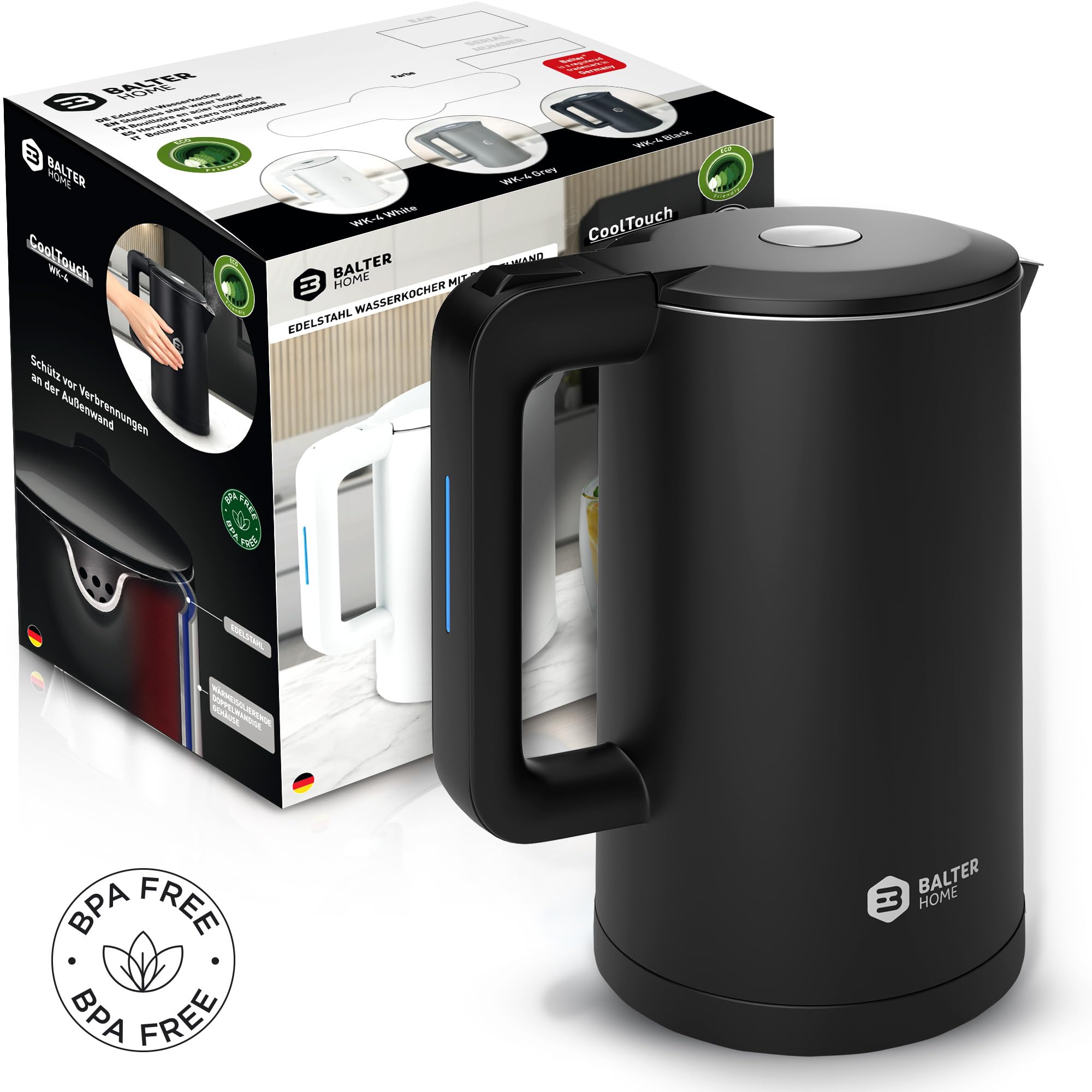 Balter Wasserkocher Edelstahl WK-4, 1,7 Liter, elektrischer Wasserkocher, Doppelwand Design, BPA frei, LED, Teekocher Kompakt, leise (Schwarz)
