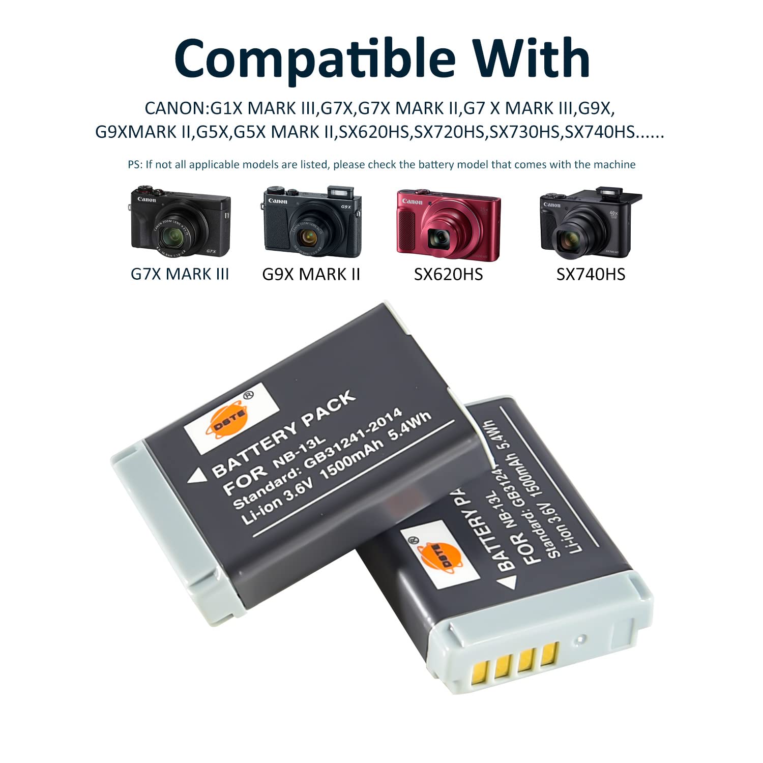 DSTE 2PCS NB-13L Batterie & Chargeur Compatible pour Canon G5X, G7X, G9X, G5X Mark II, G7X Mark II, G9X Mark II