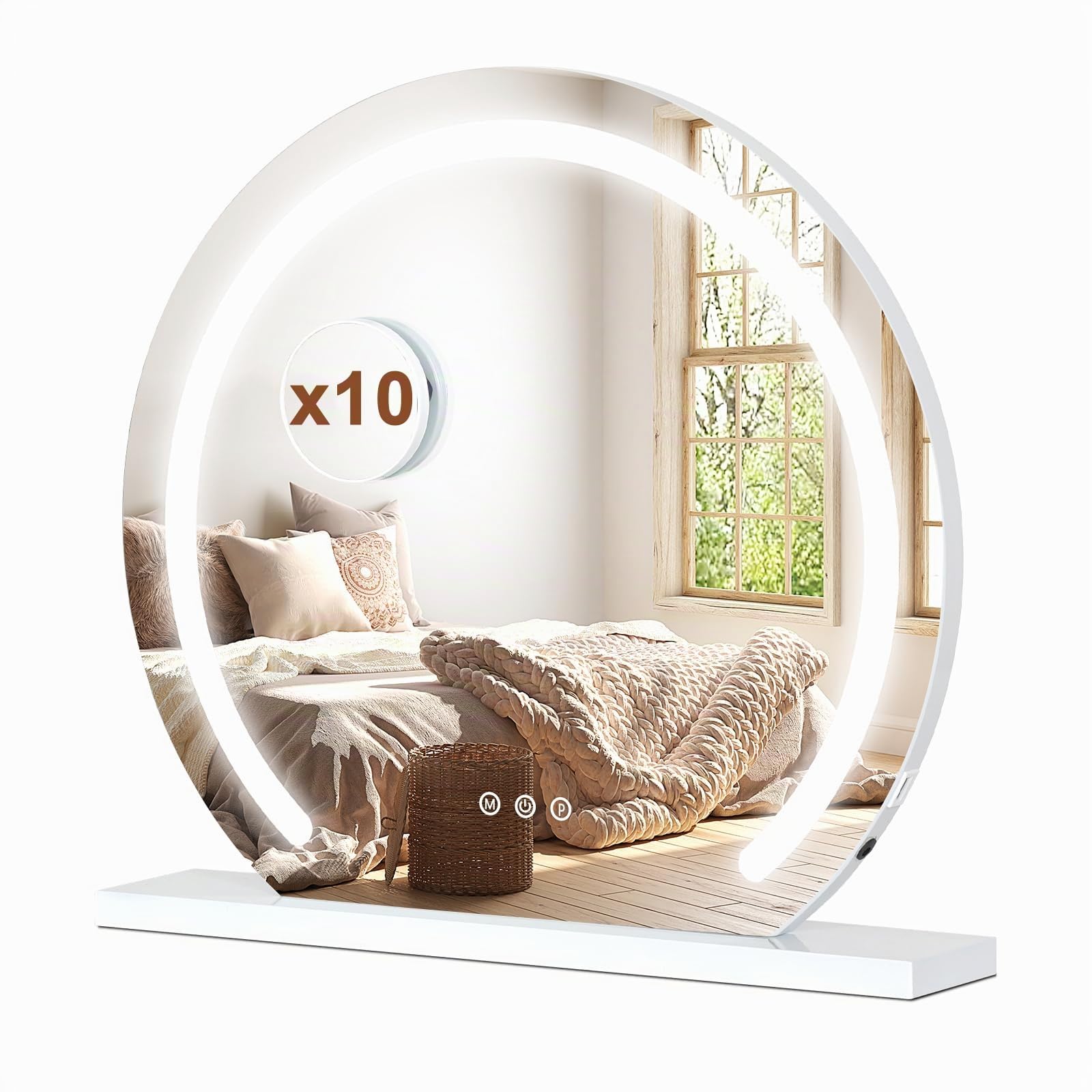 YU YUSING Hollywood Espejo Maquillaje con Luz, 50x48cm, 3 Modos Iluminación Regulables, Espejo Tocador Rondo, Espejos de Mesa, USB, 10x, Vanity Mirror Tocador Dormitorio, Controles Táctiles, Blanco