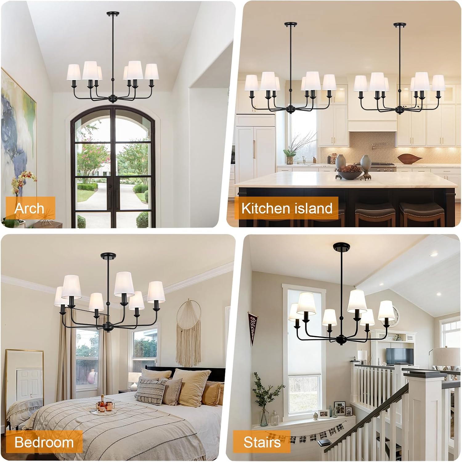 VINLUZ 6-Light Modern Black Chandelier with White Fabric Shades, E12 Base Industrial Pendant Light Fixture, Elegant Adjustable Ceiling Light for Kitchen Island, Dining and Living Room