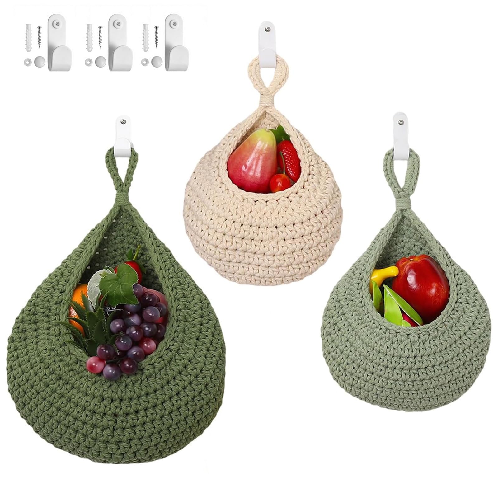 Hanging Fruit Basket 3Pcs, 20cm/32cm/38cm Large Hand Woven Hanging Storage Baskets, Boho Wall Mounted Fruit Basket, Kitchen Wall Decor for Vegetable, Fruits, Onion or Snacks (White and Green)