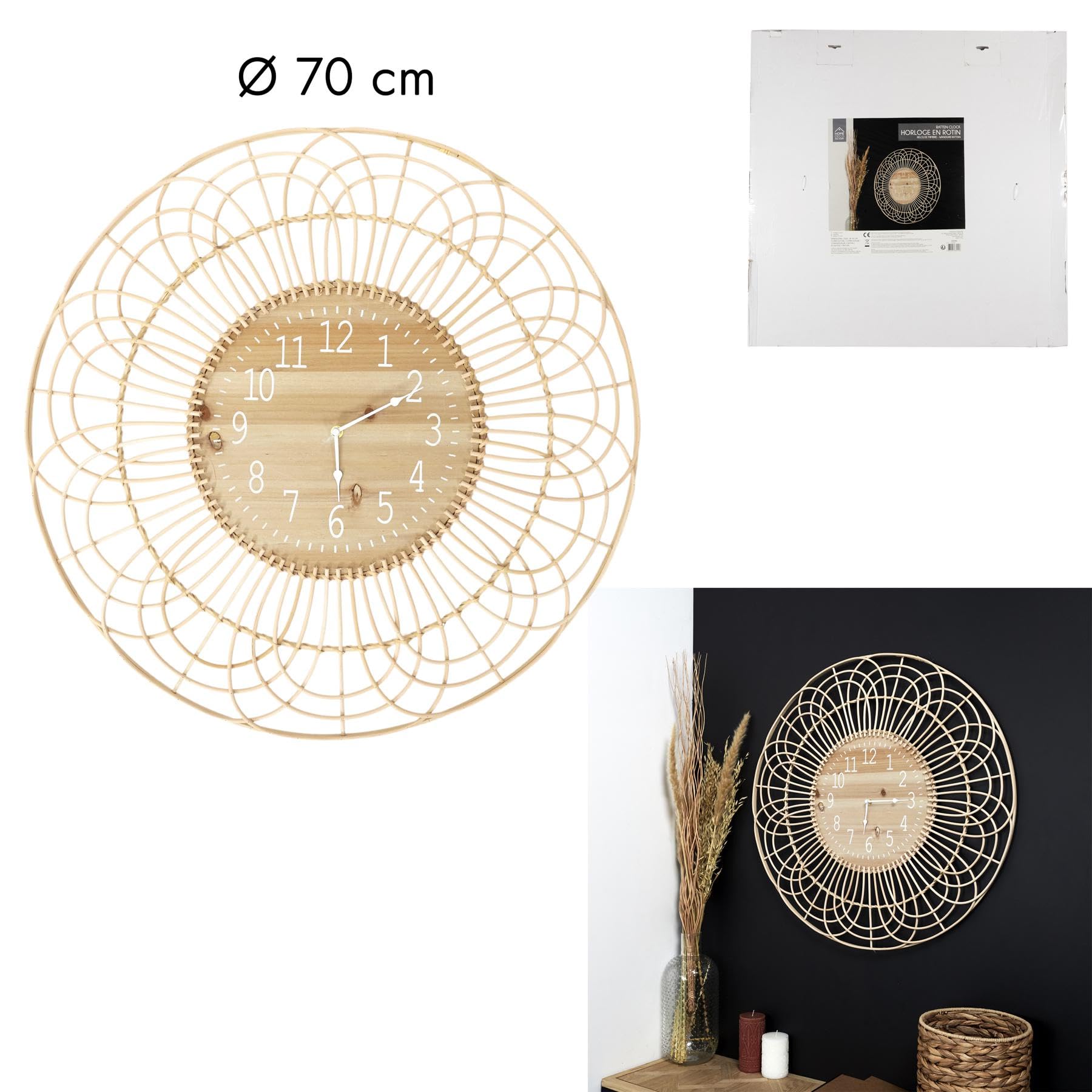 RELOJ PARED D.70 CM RATÁN