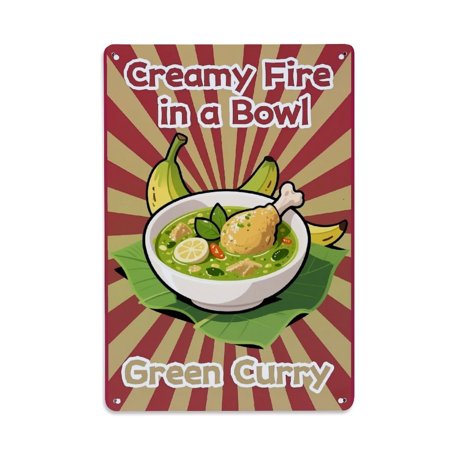 Jdfenggu Vintage Creamy Fire In A Bowl Green Curry Retro Metal Tin Sign, Decor Art Poster For Bar, Home, Man Cave, Kitchen, Laundry Room Gift 8X12inch
