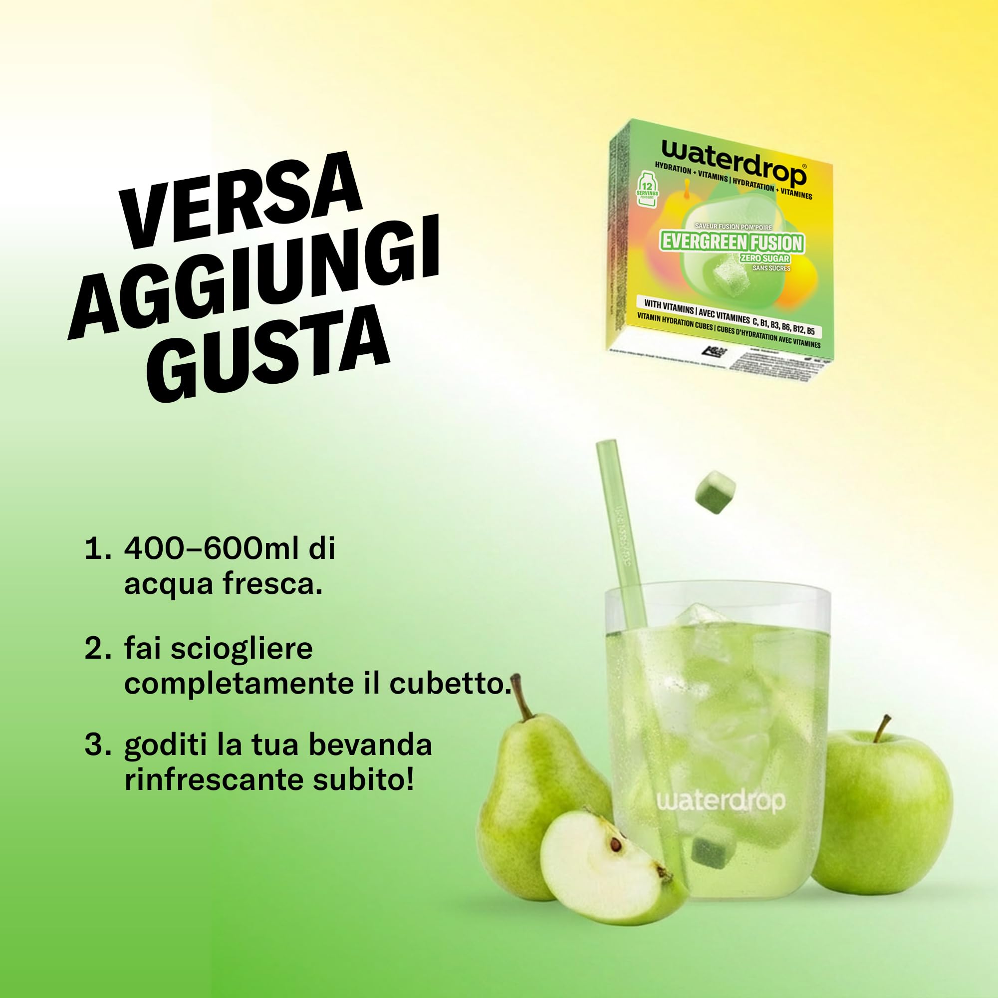 waterdrop® FUSION COLLECTION - Cubetti per Acqua - 36 Cubi (3x12) Mix di Frutta - Senza Zucchero con Vitamina C e Vitamina B12 - Alternativa ai Succhi di Frutta - Perfetto per Acqua Naturale - 5 kcal