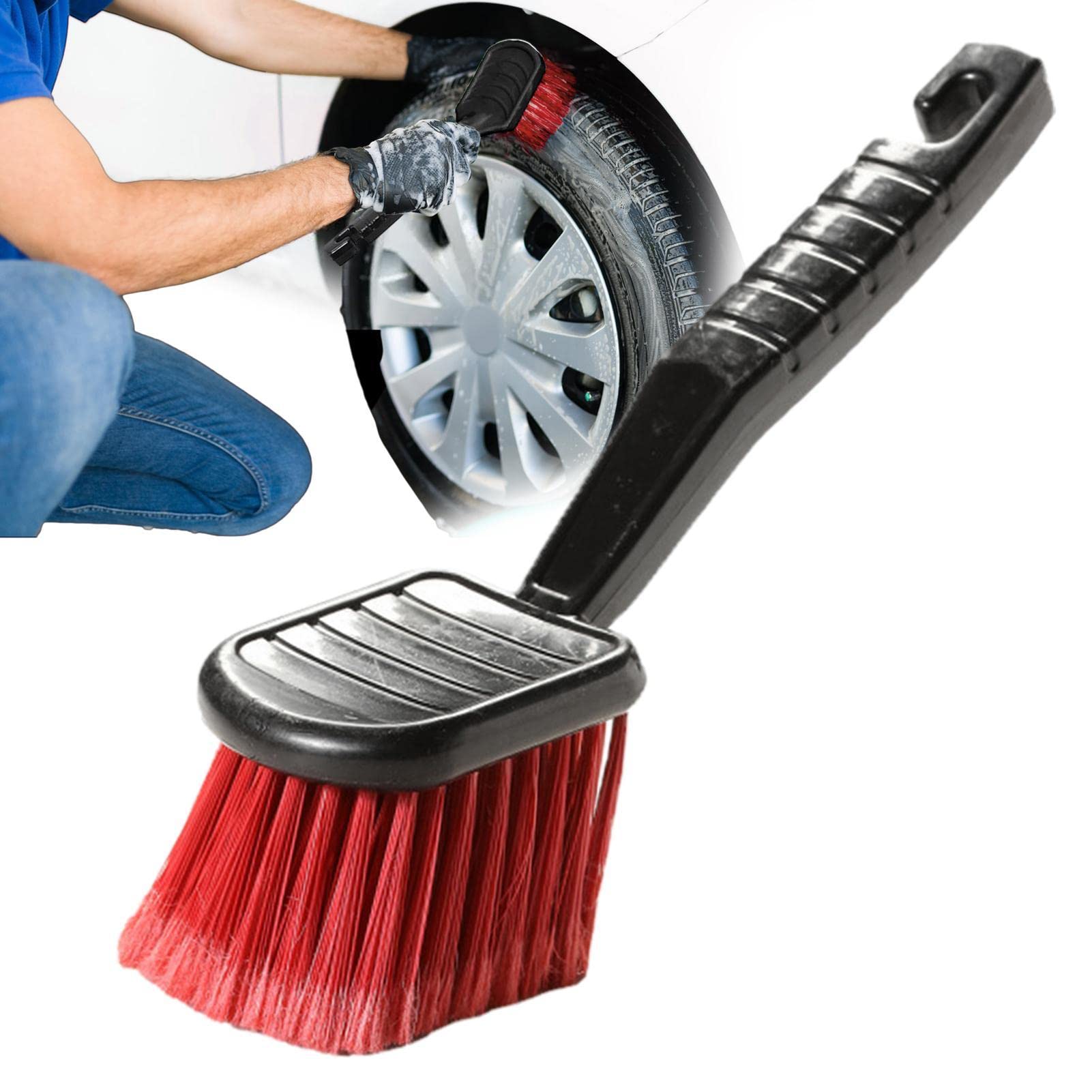 Pw Tools Red Car Wheel Cleaning Brush | Wheel Brush For Car Alloy Wheel And Tyre Brush Cleaning | Soft Bristle Car Wash Brush With Long Handle | Practical Car Washing Tool