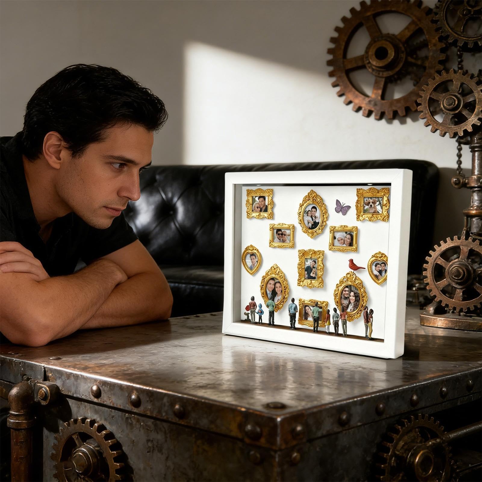 Mini Museo Marco De Fotos Personalizado DIY, 31,4*22,7*3,7cm, 3D Nuestro Museo De Fotos De Sombra con Mini Marcos Figuras Luz, De Silueta De Museos con Marcos, para Parejas, Familia