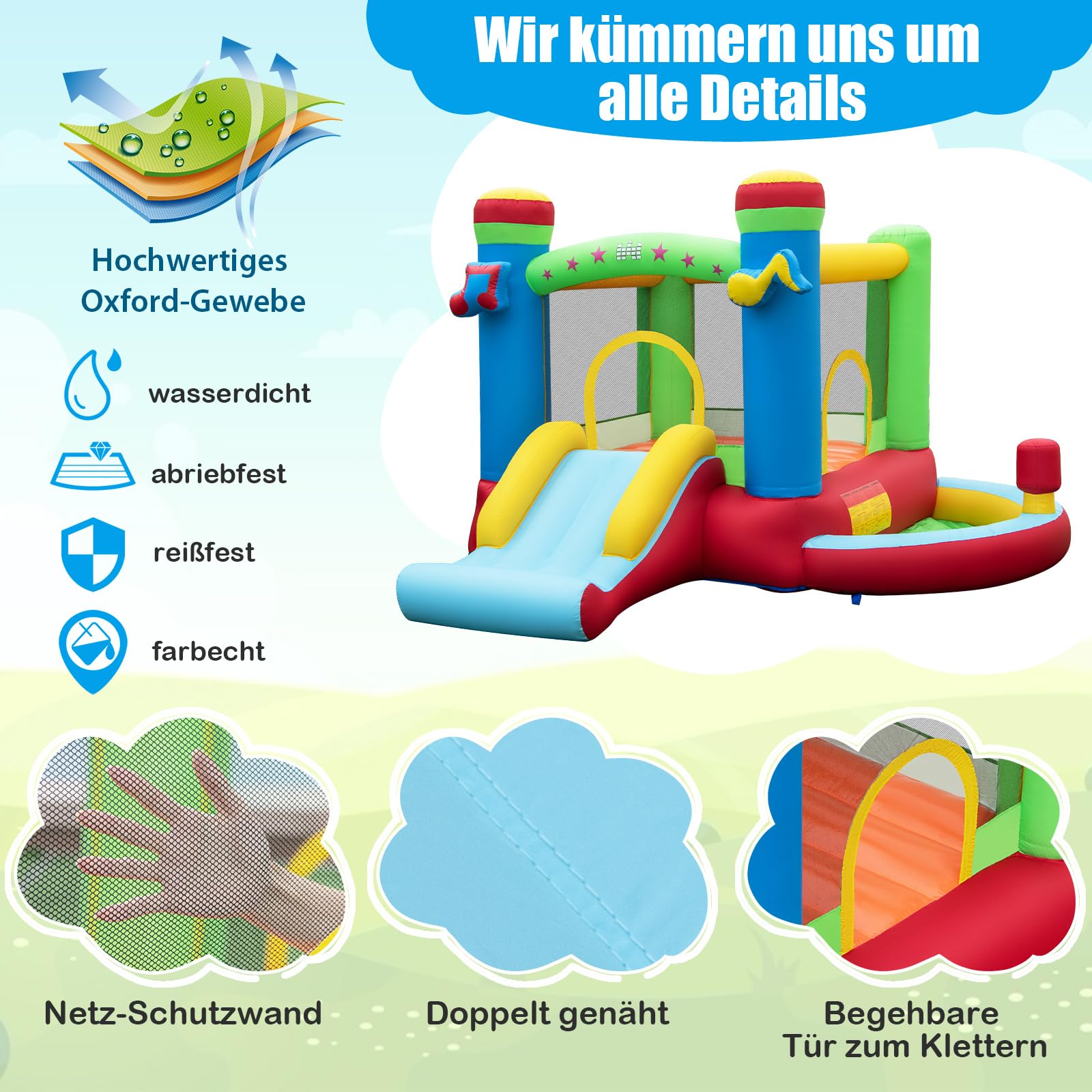 COSTWAY Hüpfburg mit Rutsche, Sprungbereich, Basketballkorb, Bällebad und Boxbereich, für Indoor und Outdoor, inkl. Tragetasche, Reparaturset, 294 x 290 x 190 cm