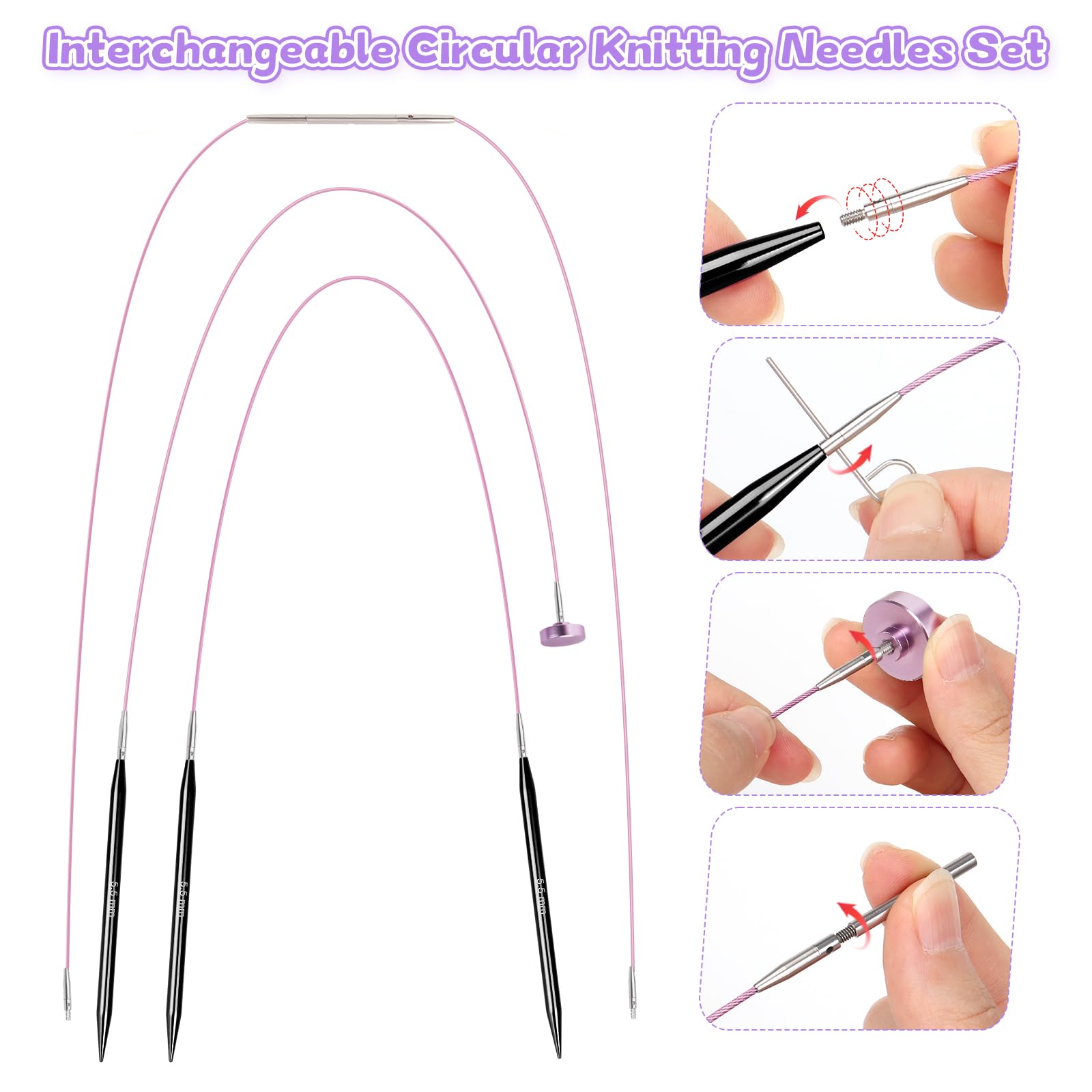 Coopay 9 Paires Aiguilles Circulaires Tricot Interchangeable, Aiguille à Tricoter en Aluminium de 3,0-8,0mm, Kit Tricot Debutant, Aiguille Circulaire Tricot pour Layette, Pull, Écharpe - Violet