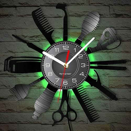 Miniatura 8 de Reloj de pared con herramientas de peluquería de 12 pulgadas con 7 colores cambiantes, reloj de pared para peluquería y negocios, reloj de pared,