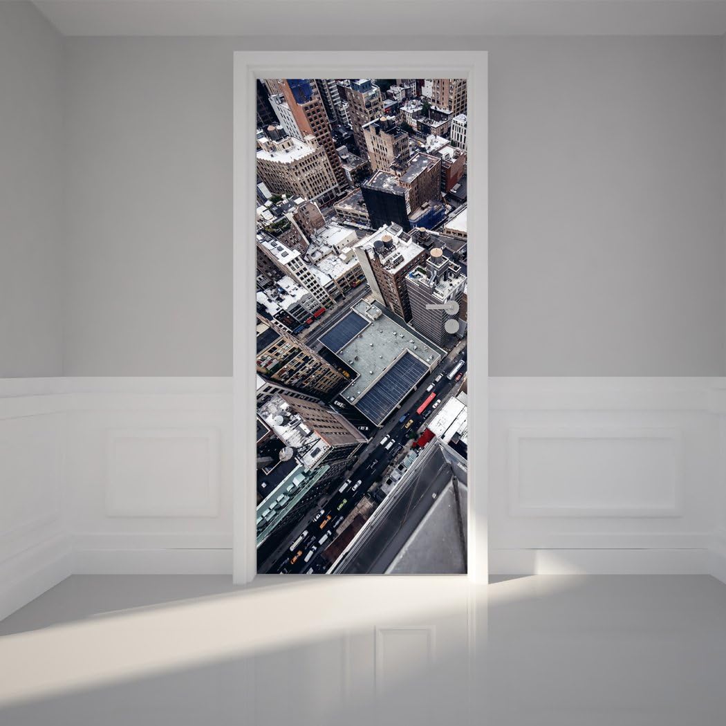 Door Wall Sticker City Buildings Look Down - Peel & Stick Repositionable Fabric Door Mural