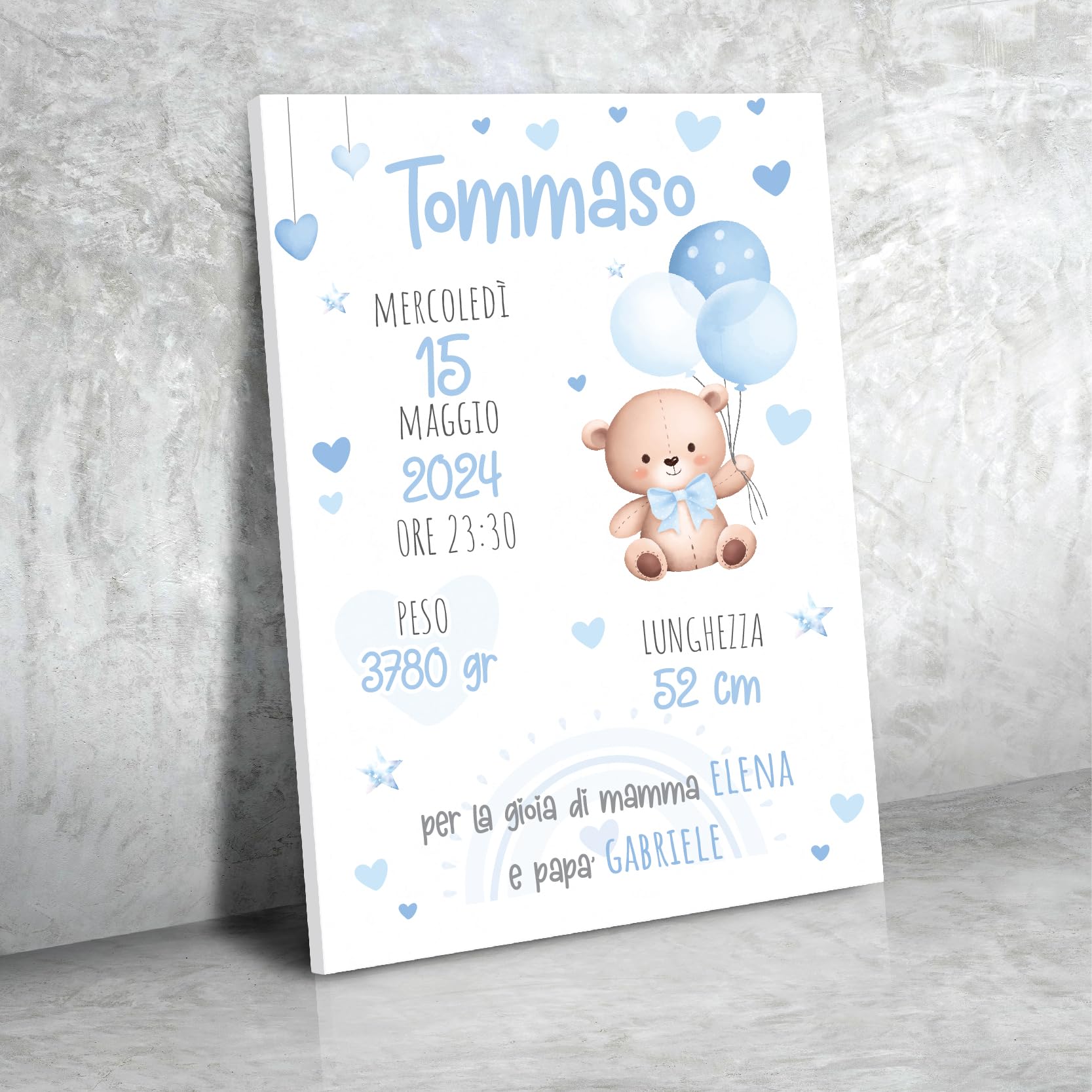 Generico Quadro personalizzato nascita, tre modelli, tre colori, idea regalo per nascit, arredo cameretta decorazione 20x30cm (AZZURRO)