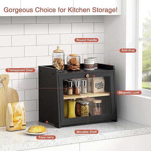 Miniatura 6 de Panera negra para encimera de cocina, contenedor grande de almacenamiento de pan para pan casero, organizador de madera para encimera de cocina