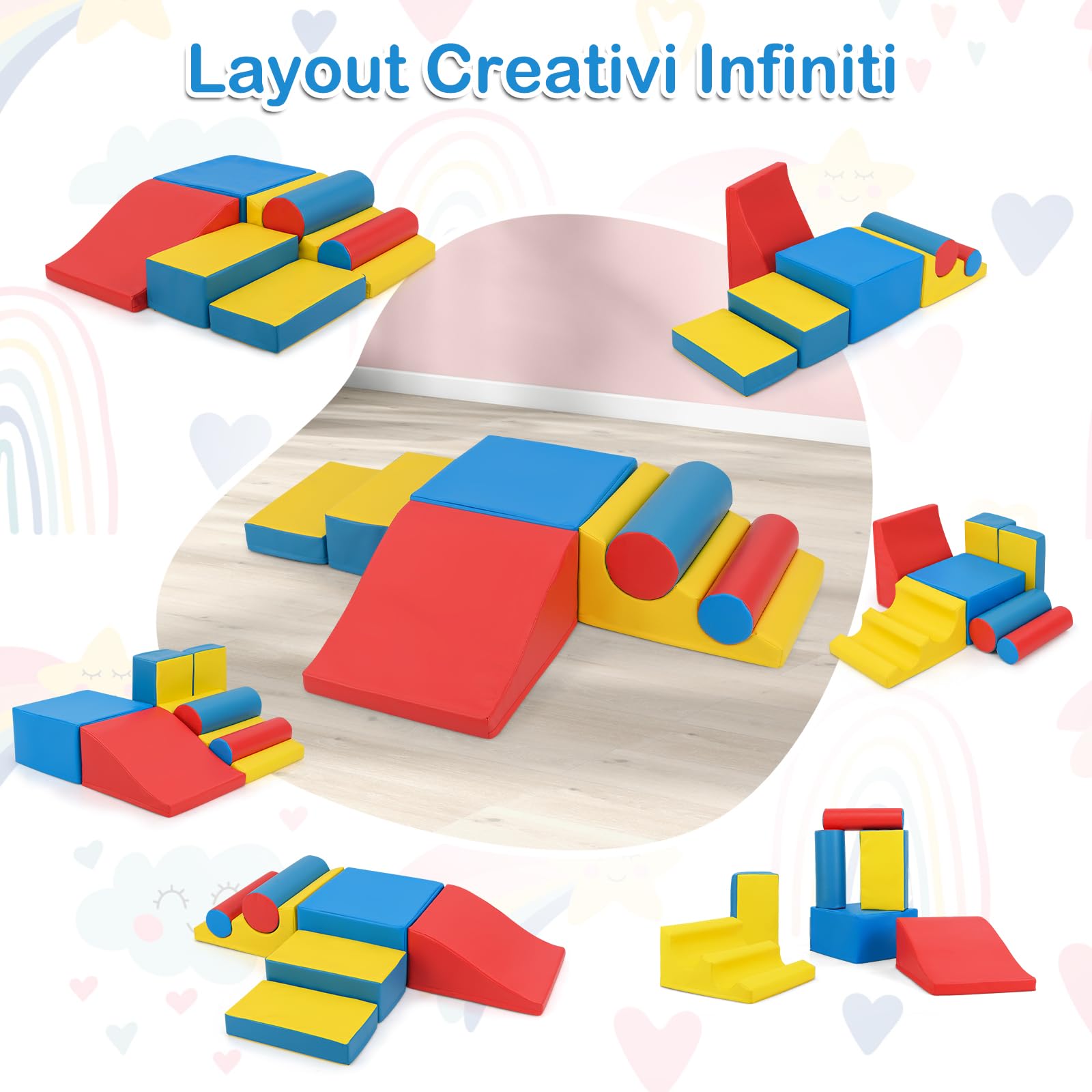 RELAX4LIFE Set 7 Blocchi da Arrampicata per Bambini, in Schiuma con Fissaggi a Strappo, Copertura Impermeabile, Base Antiscivolo, Centro Attività Indoor per Neonati di 1+ Anno