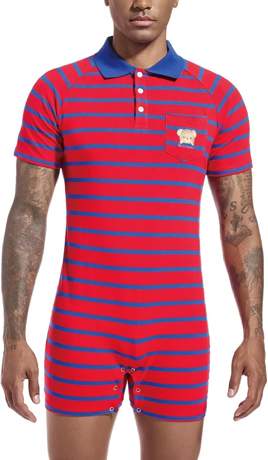 Landofgenie Mens Short Sleeve Romper Onesie One Piece Stripe Pajamas with Polo Collar