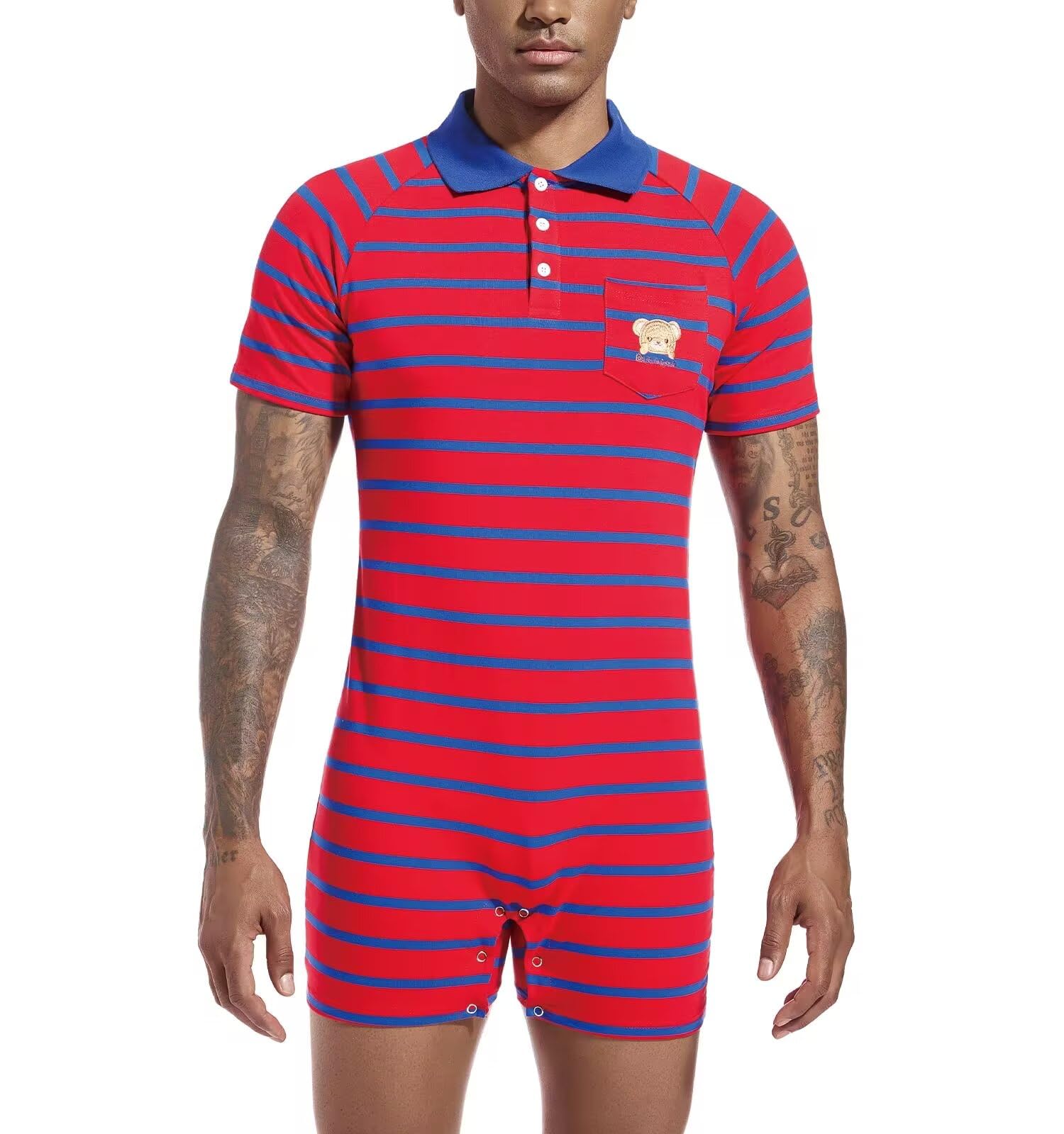 Men's Polo Stripe Romper Short Sleeve Pajama Onesie