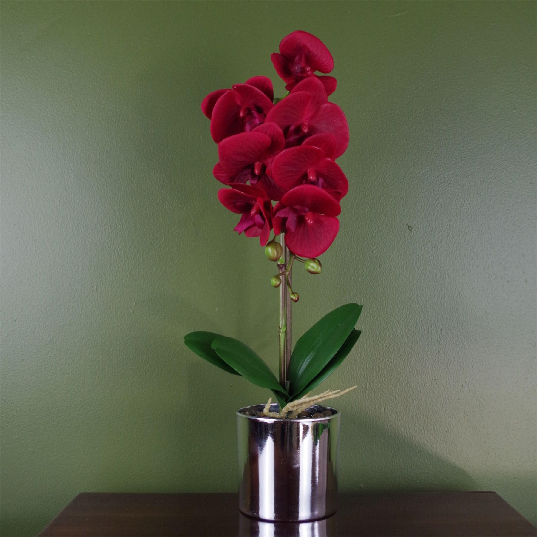Leaf 46cm Artificial Orchid Red with Silver Pot