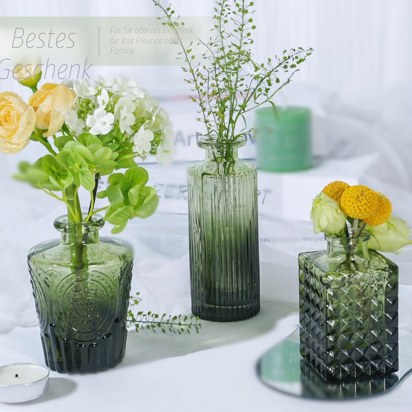 TBWIND Glasvasen, 24 Stück, kleine grüne Blumenvasen für Tafelaufsätze, Mini-Vintage-Vase für Hochzeitsdekoration, einzelne Blumen und Tischdekoration