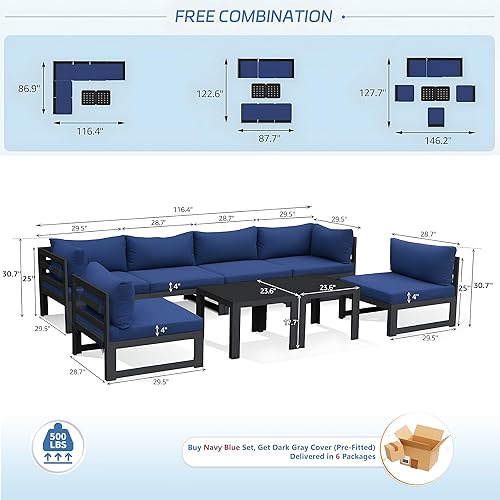 Miniatura 586 de NICESOUL 7 Piece White Powder-Coated Aluminum Patio Furniture with Fire Pit Table, 29 Inch Extra Wide Outdoor Sectional Sofa for 6, High-End Heavy