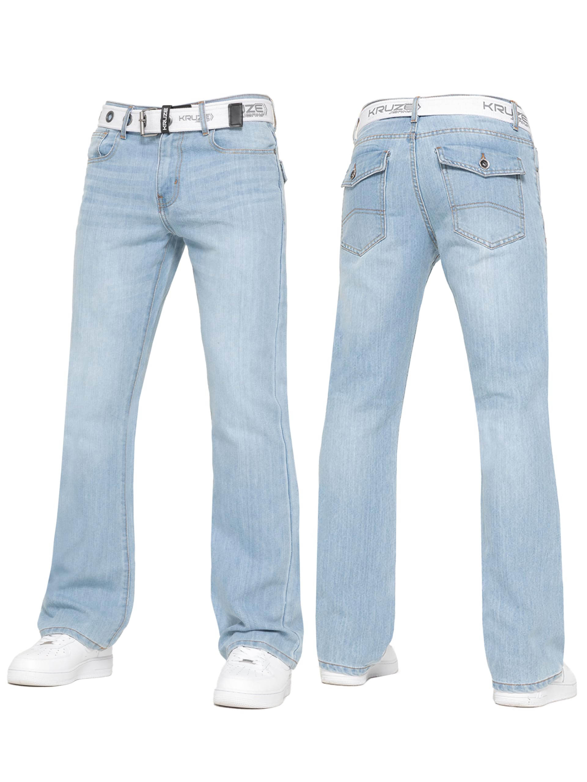 Brand Kruze Men's Light Blue Bootcut Jeans Casual Flared Wide Leg Free Belt Stylish Fashion Denim Trouser Pants Kz115 38W / 32L