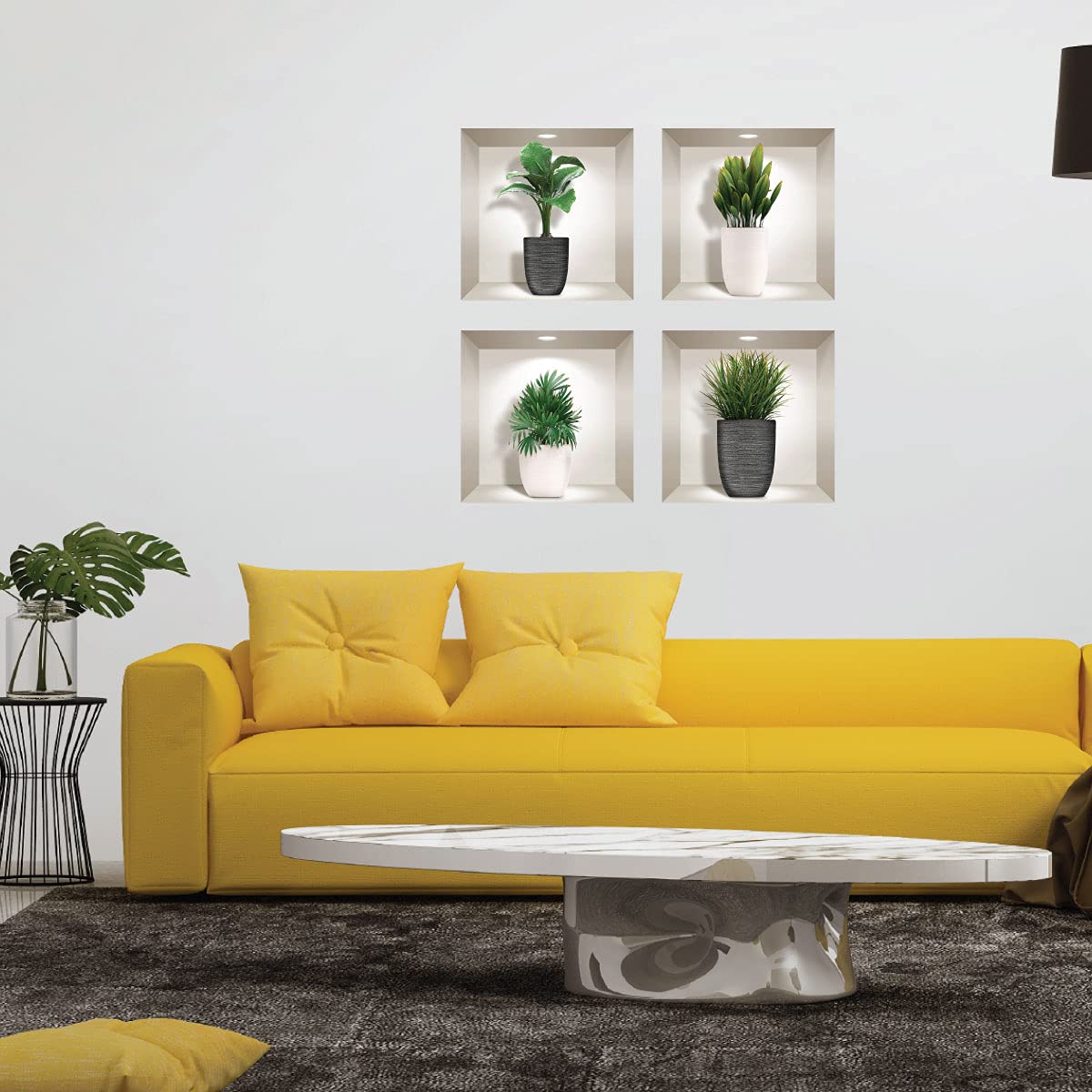 Stickers muraux 3D pour salon lumineux : créez un coin de verdure trompe l'oeil