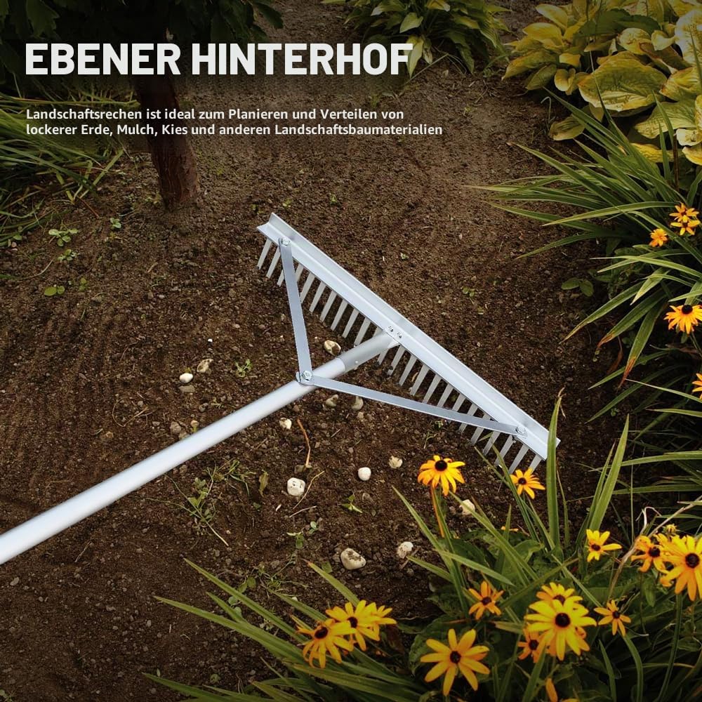 Colwelt Landschaftsrechen, 24 Zinken, Aluminium-Landschaftsbau-Rechen mit 173 cm Griff, Kies-Gartenrechen-Werkzeug für Strand- und Rasenpflege