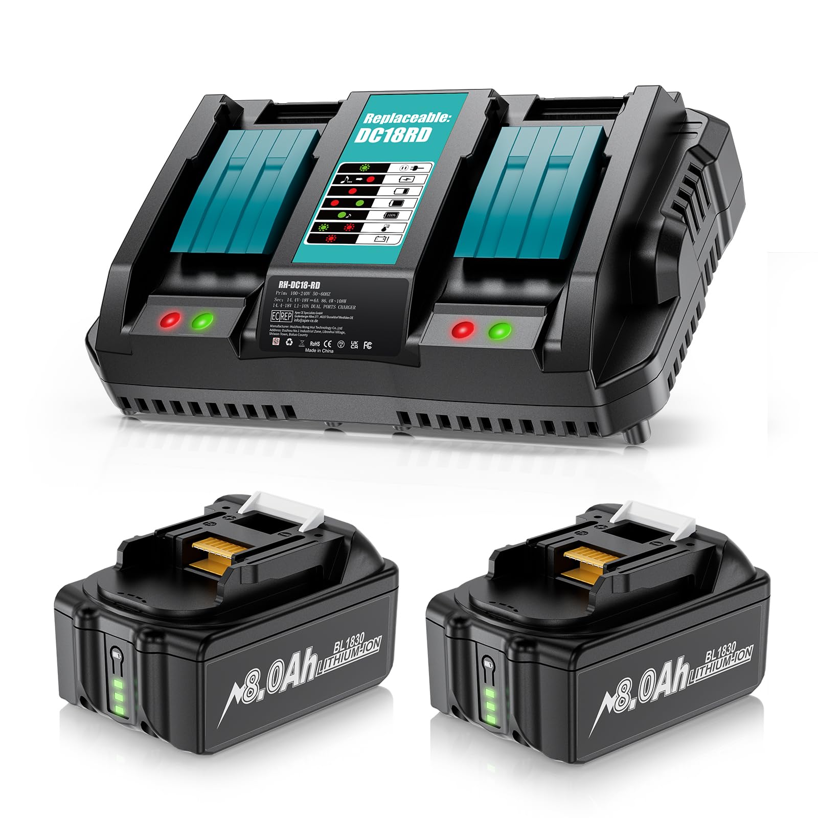 2 x 8.0Ah BL1830B 18V Batteries + 6A DC18RD Dual Port Charger Compatible with Makita Battery 14.4V-18V BL1850 BL1830 BL1860 BL1840 and DC18RD DC18RC DC18SF DC18RCT DC18RF Charger, Cordless Power Tool