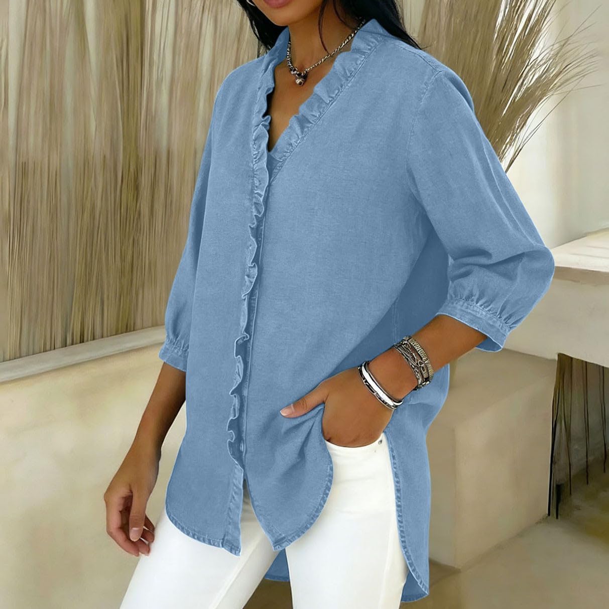 Women's Denim Shirts Button Down 3/4 Sleeve Ruffled Jean Blouses V Neck High Low Hem Denim Tops