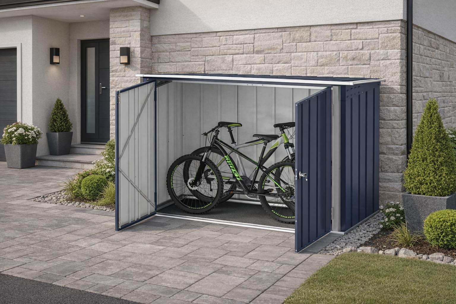 Duramax Fahrradschuppen für 2, Fahrradgarage mit komplett breiten, abschließbaren Doppeltüren, Lagerschuppen aus Metall, Gartenschuppen Fahrräder, Fahrradaufbewahrung, fahrradbox, Anthrazit