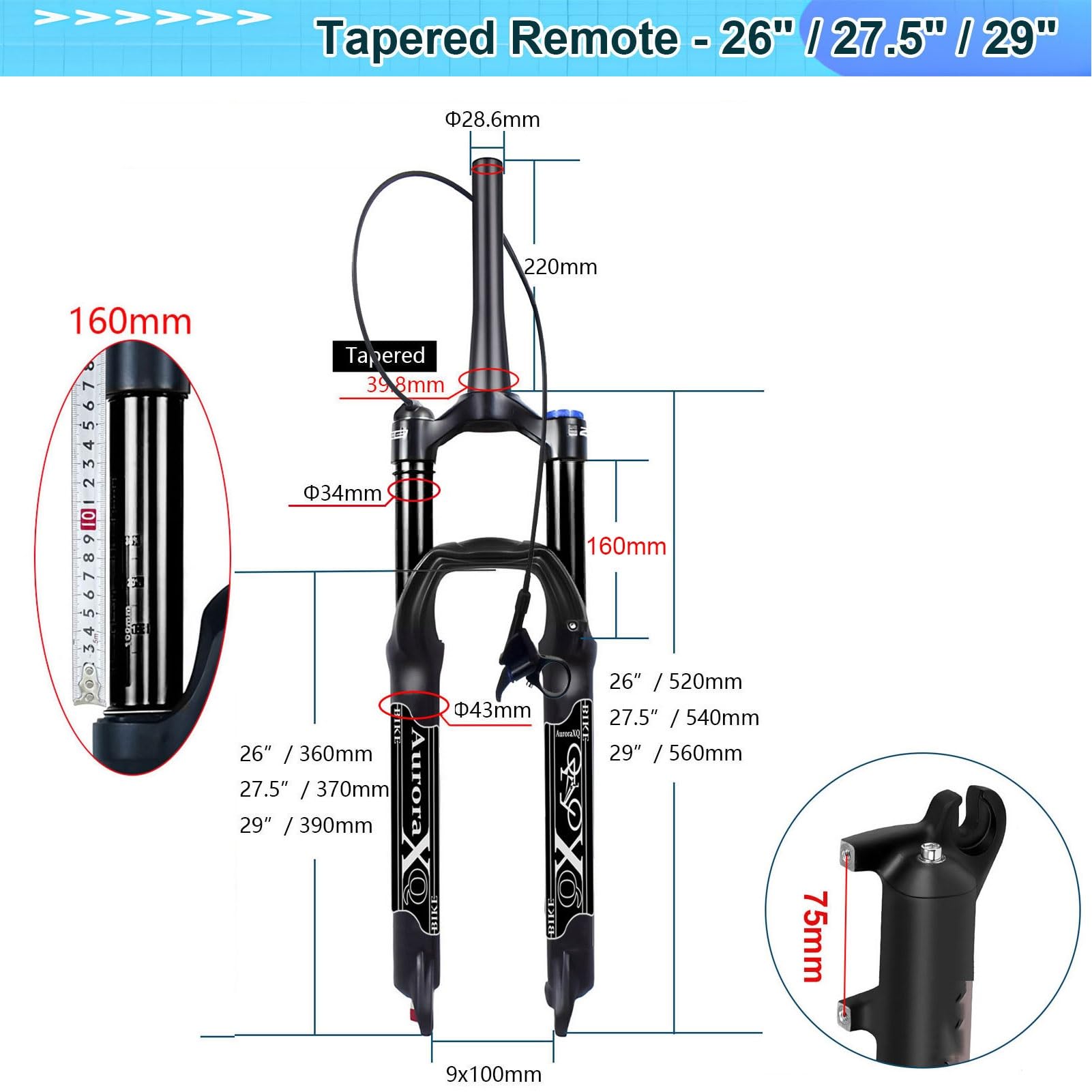 Forcella Ammortizzata per Mountain Bike da Downhill 26/27,5/29 Pollici per MTB XC AM FORK-160 1-1/8" Regolazione Ritorno QR 9mm Anteriore per Bicicletta