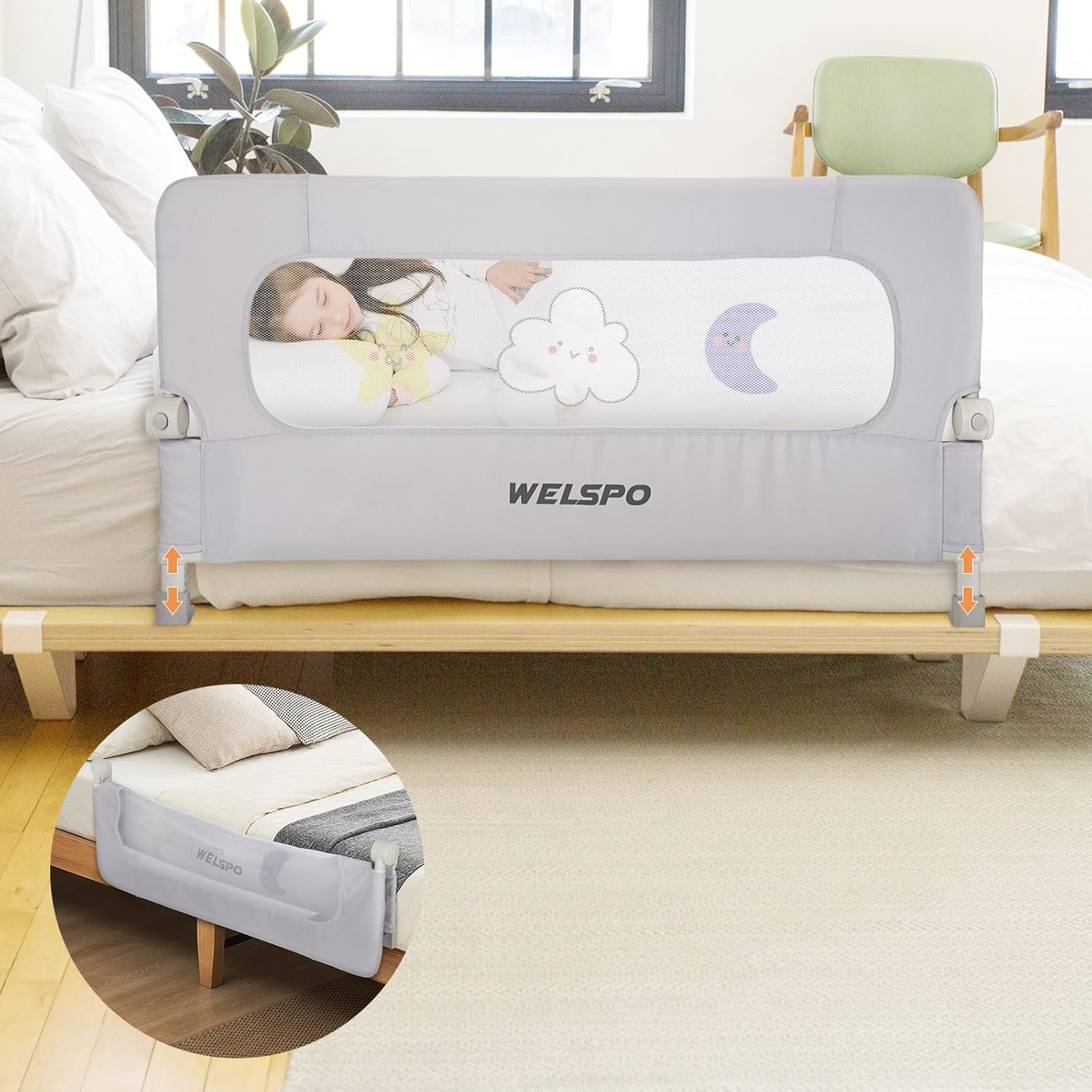 welspo Folding Toddler Bed Rails, Baby Bed Rail Guard, Height Adjustable and Foldable Bed Rail for Toddlers, Kids, fit Twin, Queen, King, Full, Bunk Beds (Grey, 47inch)