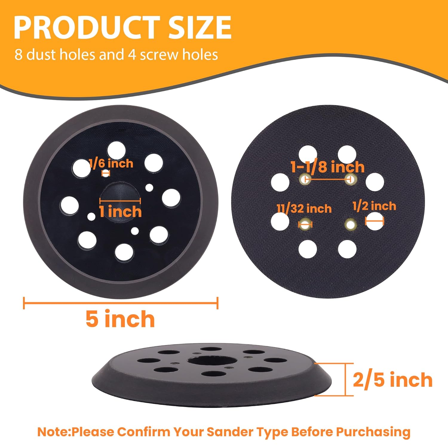 2 Pack 5 Inch Replacement Sander Pads, 8 Hole Hook and Loop Backing Pad for Random Orbital Sander, Compatible with Craftsman ROS Model 315, Ridgid R2600 R2601, Ryobi, Milwaukee