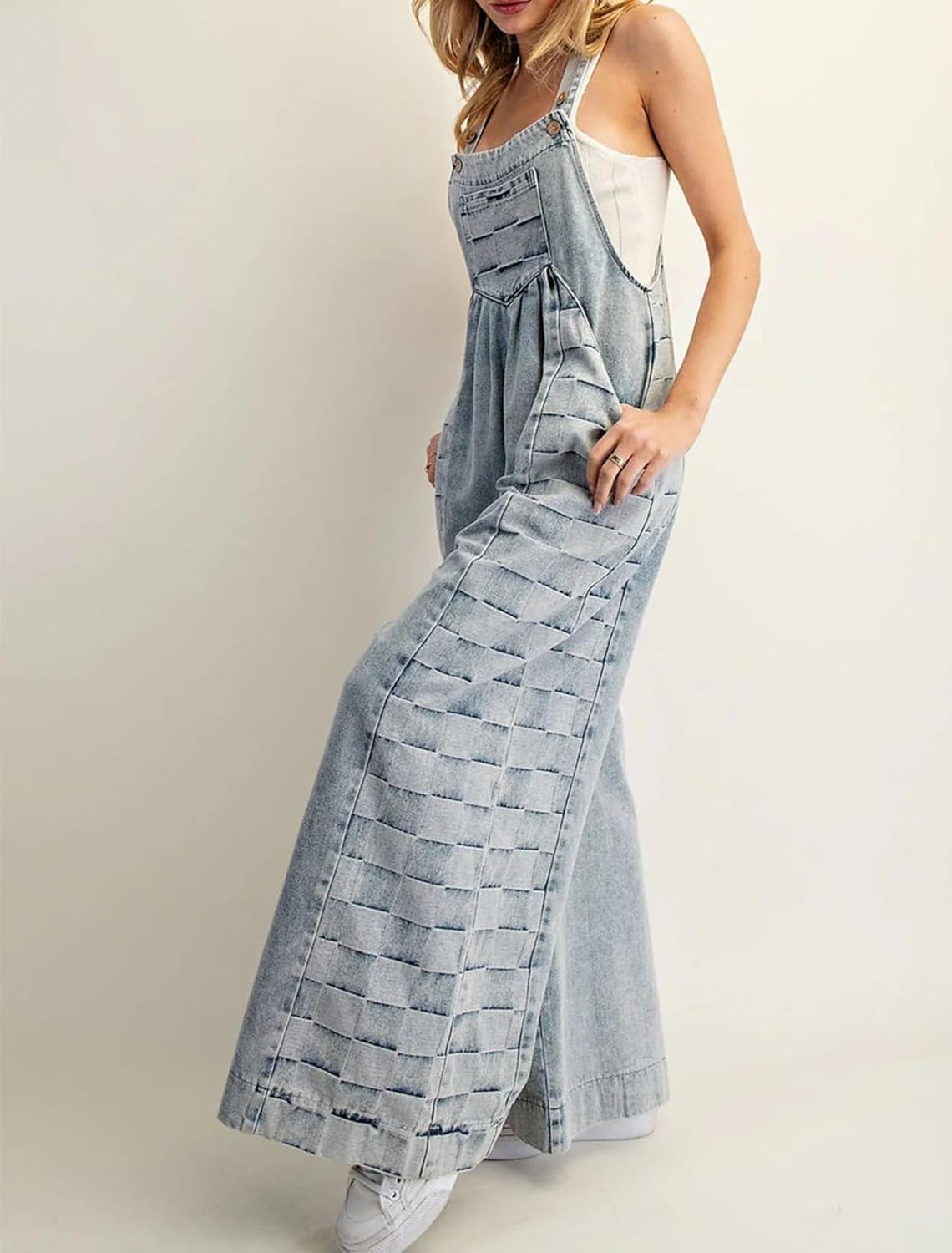 Womens Christmas Plaid Bibs Overalls Casual Loose Sleeveless Adjustable Straps Patchwork Wide Leg Pants Jumpsuit - Image 4