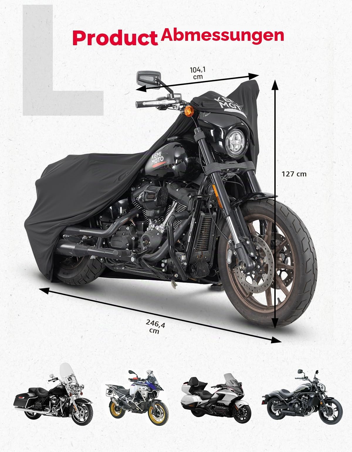 KEMIMOTO Indoor Motorrad Abdeckplane Staubschutz-elastischer für Touring Modelle, Abdeckplane-Atmungsaktiver mit Sicherheitshaken, Garage Abdeckung für Motorradabdeckungen Moped Roller, L