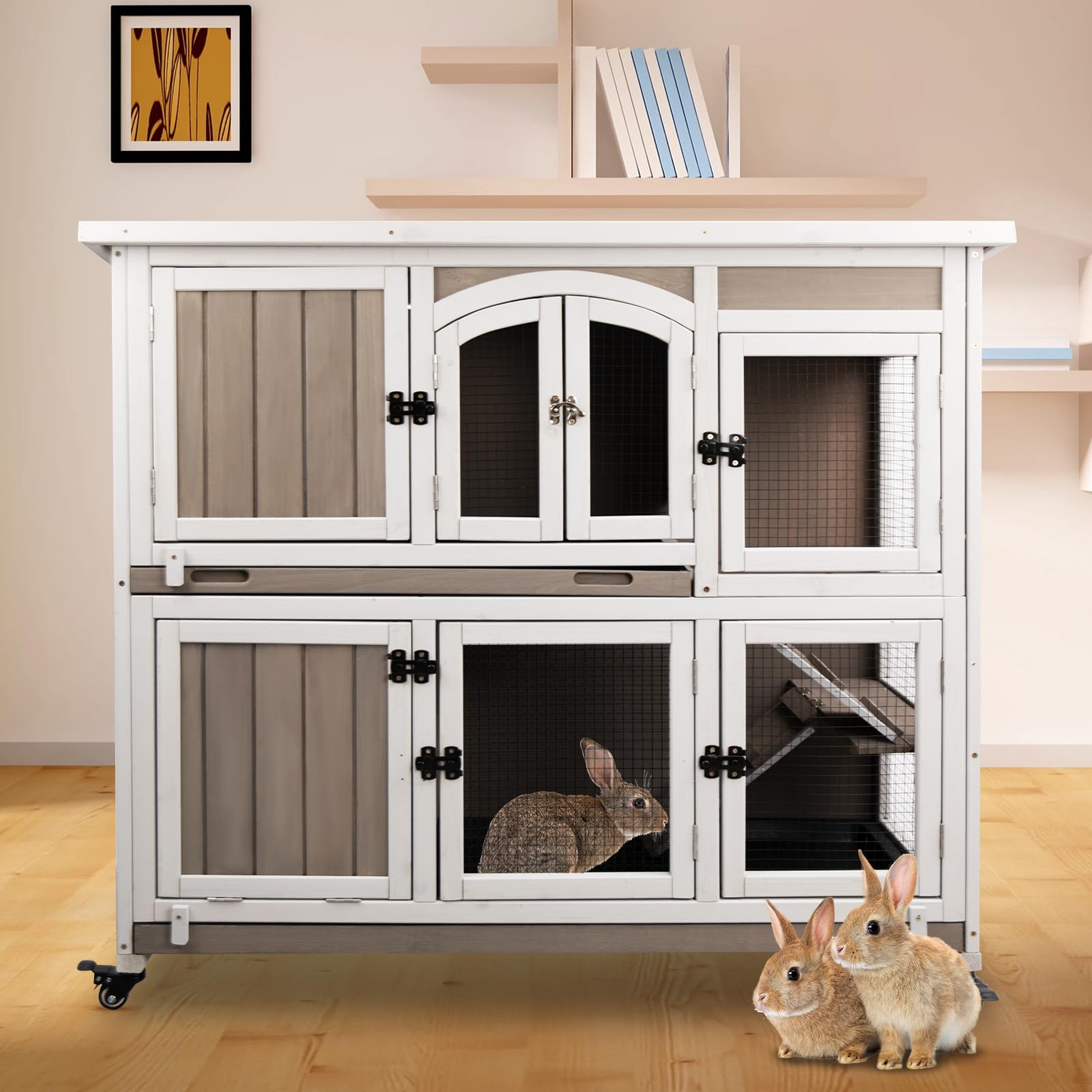 42.7"L Rabbit Hutch Indoor Outdoor 2-Story Rabbit Cage with 4 Wheels,Fir Wood Guinea Pig Cage Bunny Hutch with 2 Pull Out Trays,Bunny Cage with Asphalt Roof for Small to Medium Animals,Grey