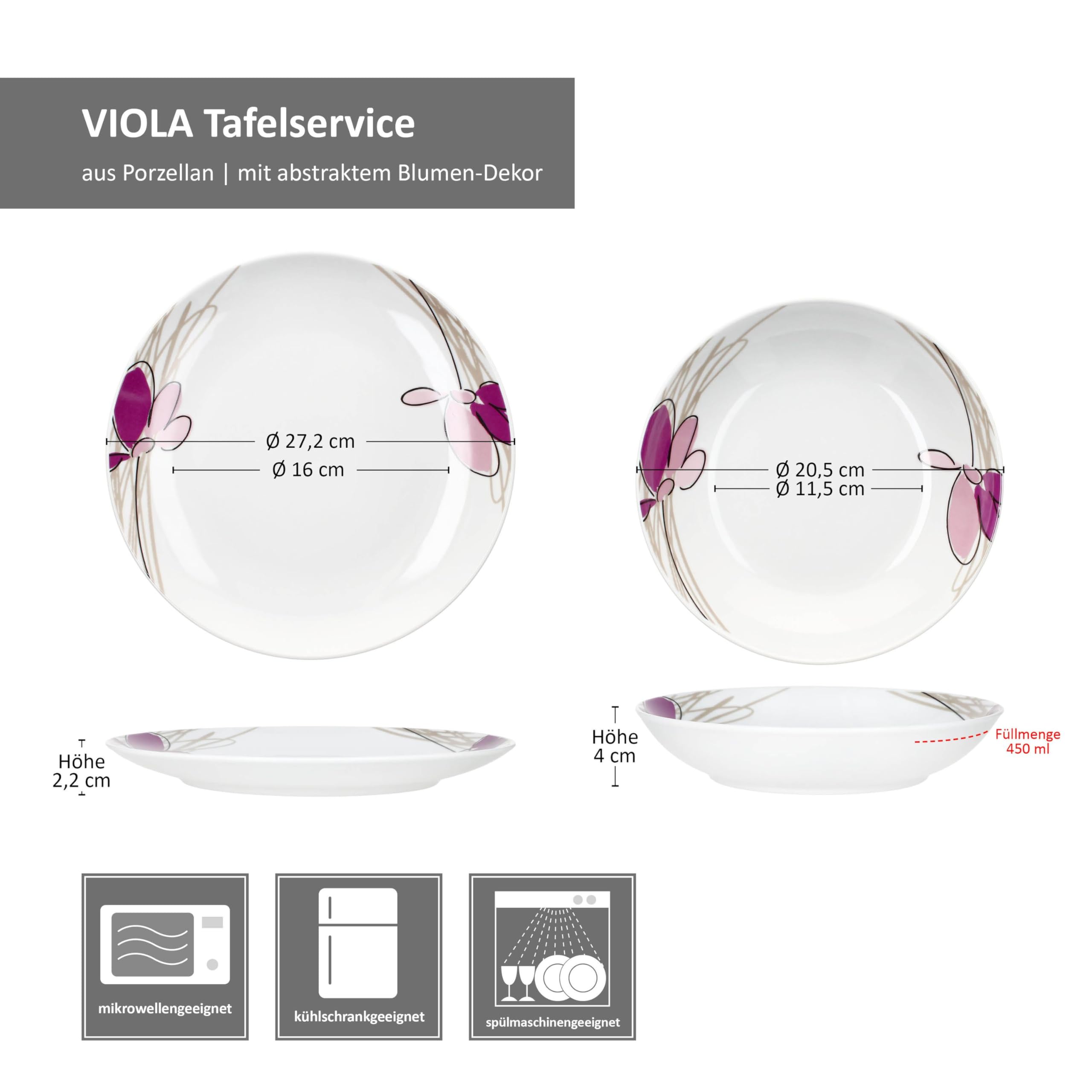 MamboCat Viola 12tlg Tafelservice I Porzellan-Geschirr mit Blumen-Dekor für 6 Personen I 6x Suppenteller & 6x Speiseteller für Frühstück, Mittag & Abendbrot
