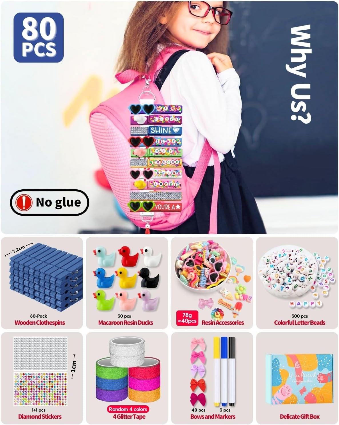 チアピン スピリットクリップ 80個セット ブルーカラー 木製洋服ピン バックパック用 ミニ樹脂製 アヒル グリッターテープ チア洗