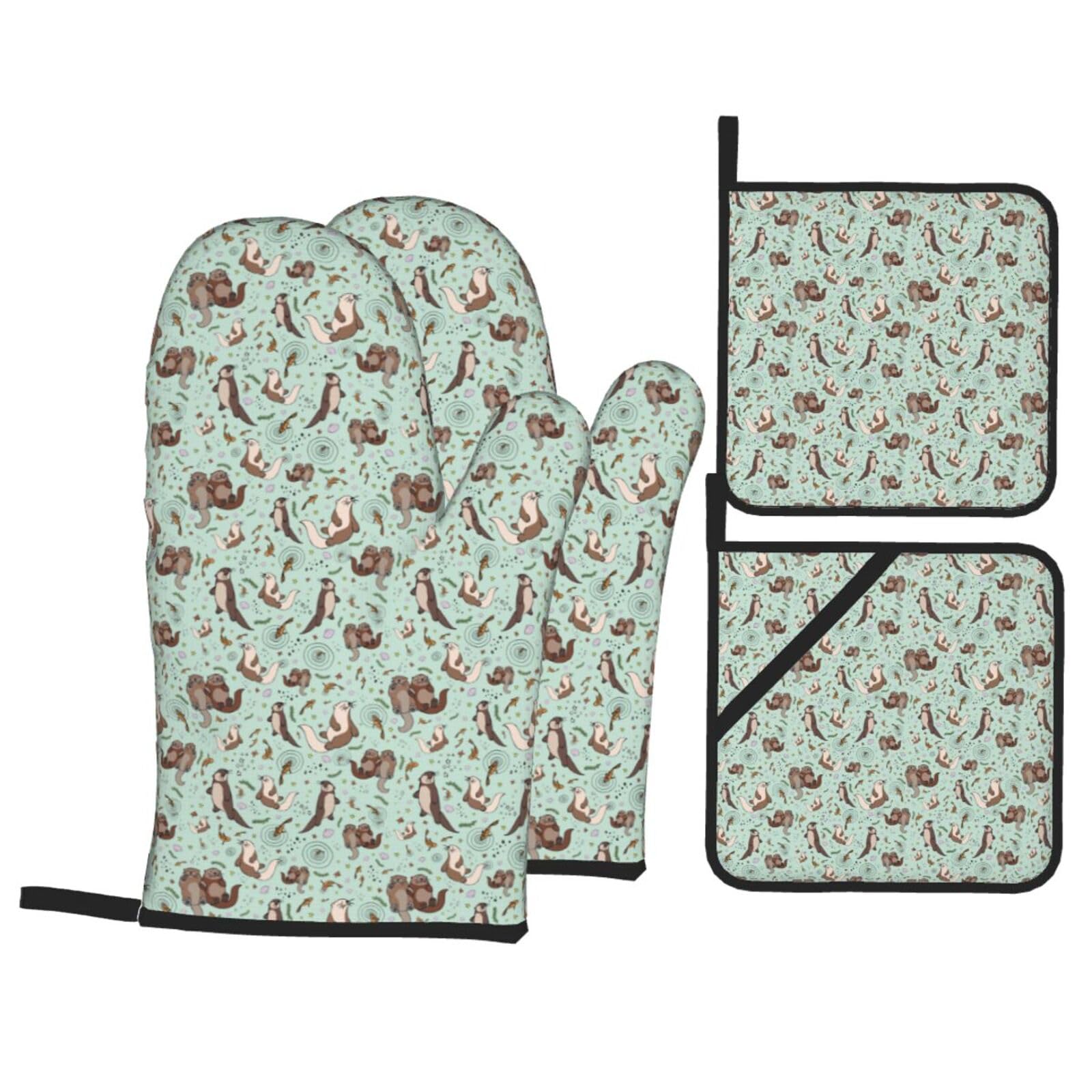 Otters Print Stylish Heat-Resistant Oven 4-Piece Set Kitchen Gloves Roasting Daily Cooking