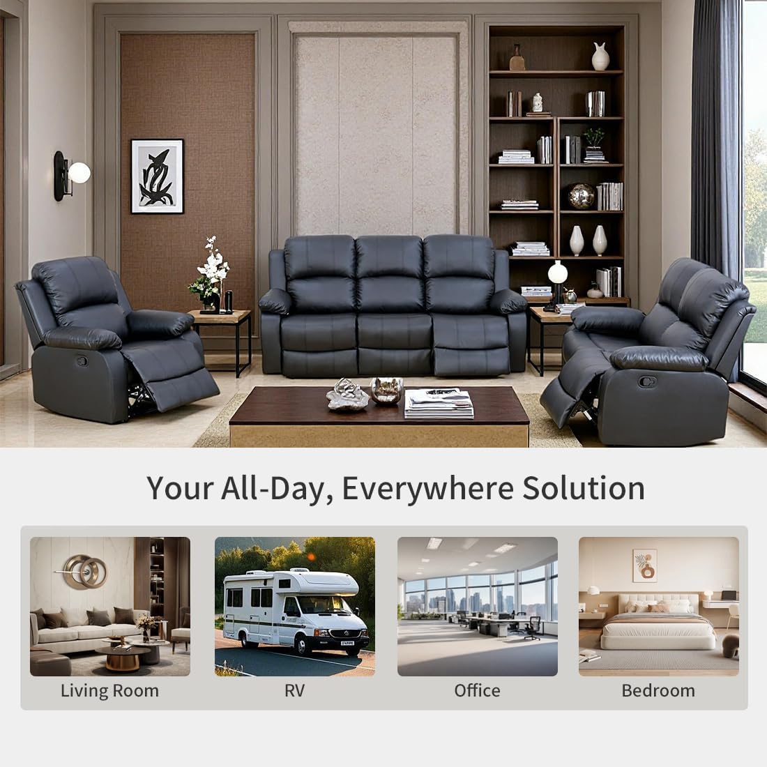 Leather Manual Recliner Chair, Living Room Furniture Sets, Leather Adjustable Reclining Single Armchair, Recliner Furniture Set with Armrests and Backrests for Apartment/House/RV(Black)