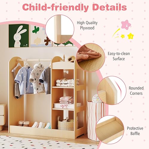 Miniatura 4 de Costzon Almacenamiento de disfraces para niños con espejo, perchero, estantes de 3 niveles, bandeja inferior, centro organizador de disfraces de