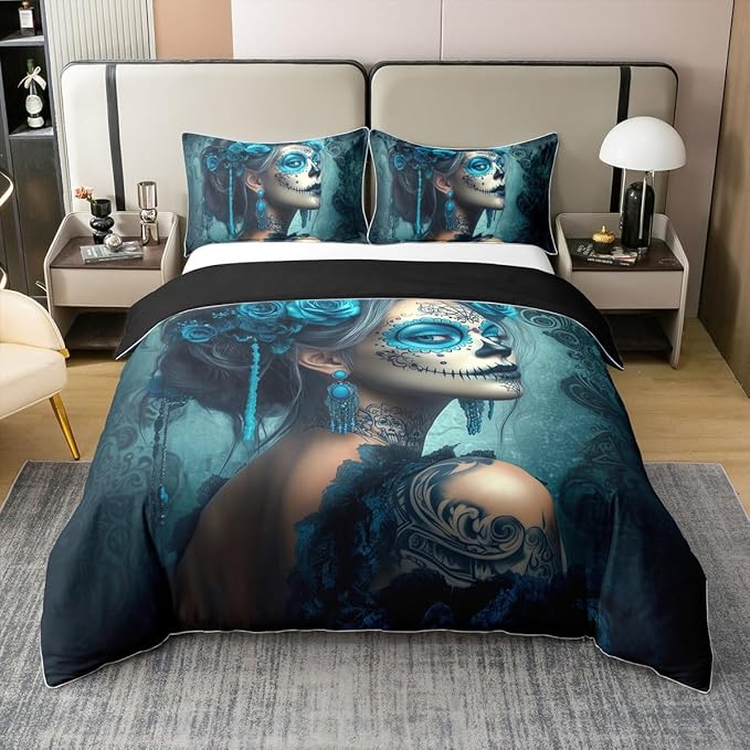 Erosebridal Turquoise Sugar Skull Bedding Set Twin Gothic Skull 100% Cotton Duvet Cover Hallwoeeen Rose Floral Comforter Cover for Adults Men Women Goth Skeleton Bed Set 2 Pcs
